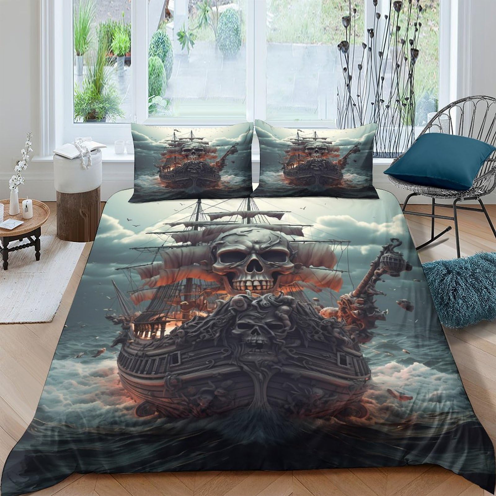 Ctjqhvkz Style-4 3D Printed Pirate Ship Fitted Sheet Microfiber Soft Decorative Skull Bed Cover For Bedroom Guest Room Easy Care Single（135X200cm）