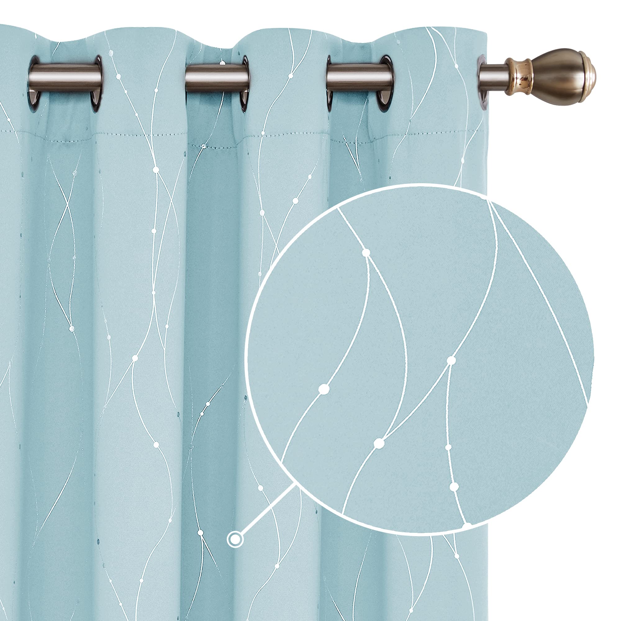 Deconovo Blackout Curtains Noise Rducing Thermal insulated Silver Dotted Line Foil Printed Eyelet Curtains for Bedroom 46x72 Inch Light Blue 2 Panels