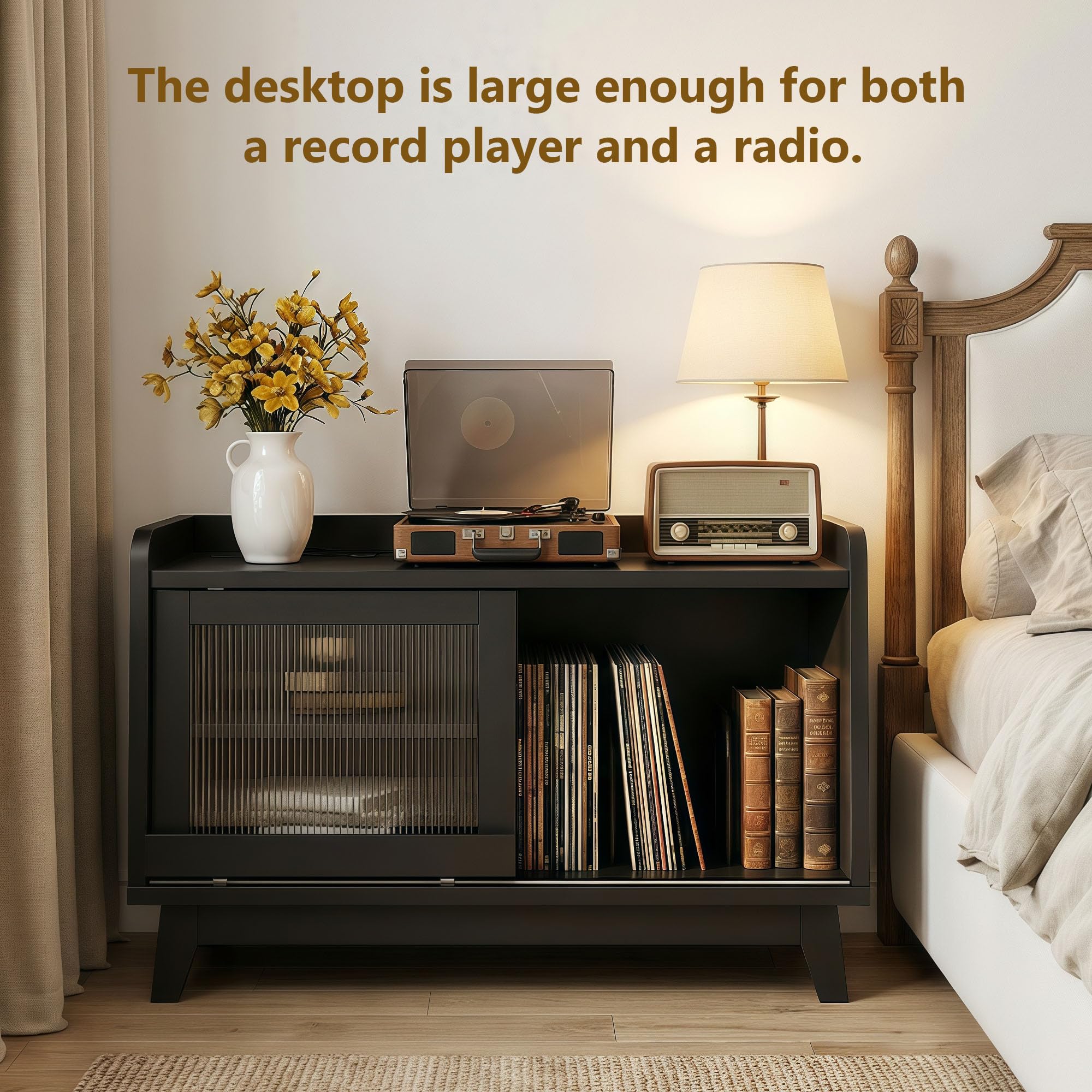 FEONASE Support de tourne-disque, avec prise de courant et porte coulissante en verre, table de tourne-disque en bois pouvant contenir plus de 200 albums avec espace de rangement ouvert, support