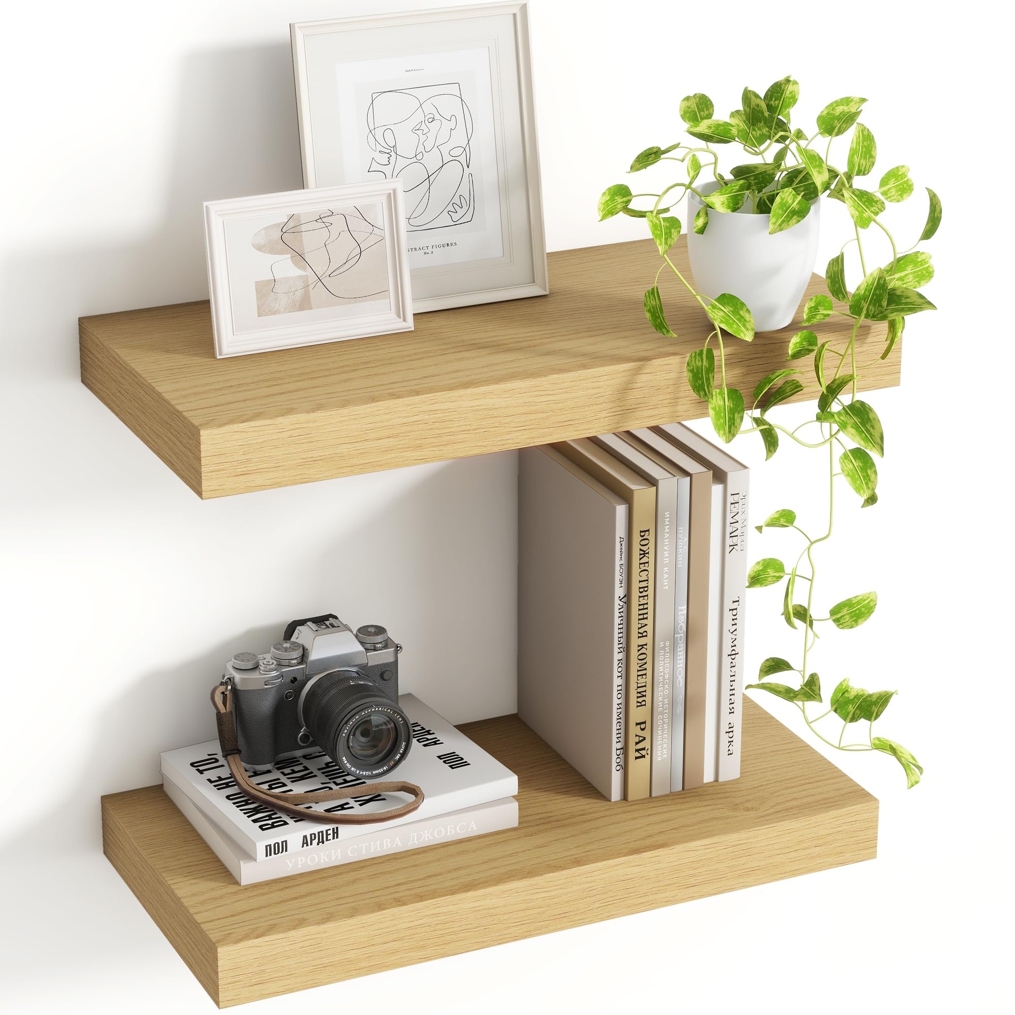Acovy Floating Shelves for Wall, Extra Deep 40cm Long Wooden Wall Mounted Shelf, Wall Shelves for Living Room Bathroom Bedroom Kitchen, Oak, Set of 2 — image 1
