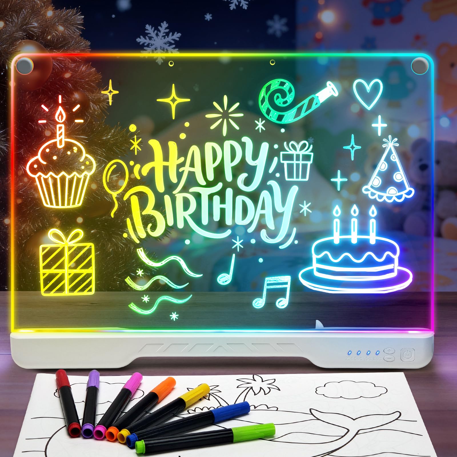 Idealife LED Zeichenbrett Wiederaufladbar für Jungen & Mädchen | 3mm Wiederverwendbare Maltafel mit 7 Lichtfarben & 3 Blinkmodi, 10 Helligkeitsstufen, Kreatives Lernspielzeug als Geschenk