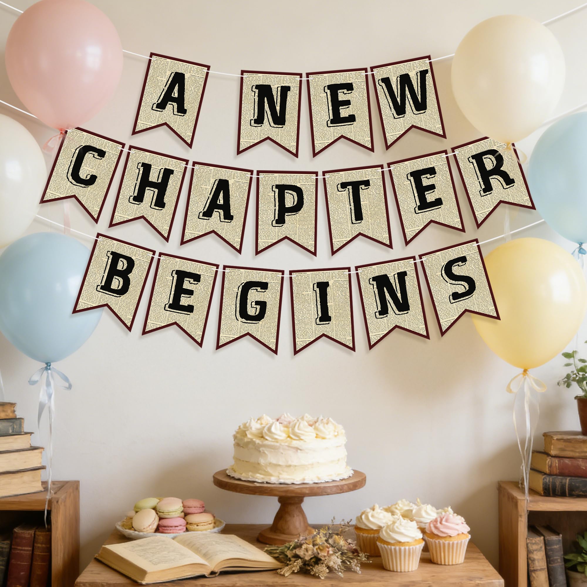 Partybanner "A New Chapter Begins", Vintage-Buch, Kapitel 1, Party-Girlanden für Geburtstag, Babyparty, Buchclub, 3 Stück