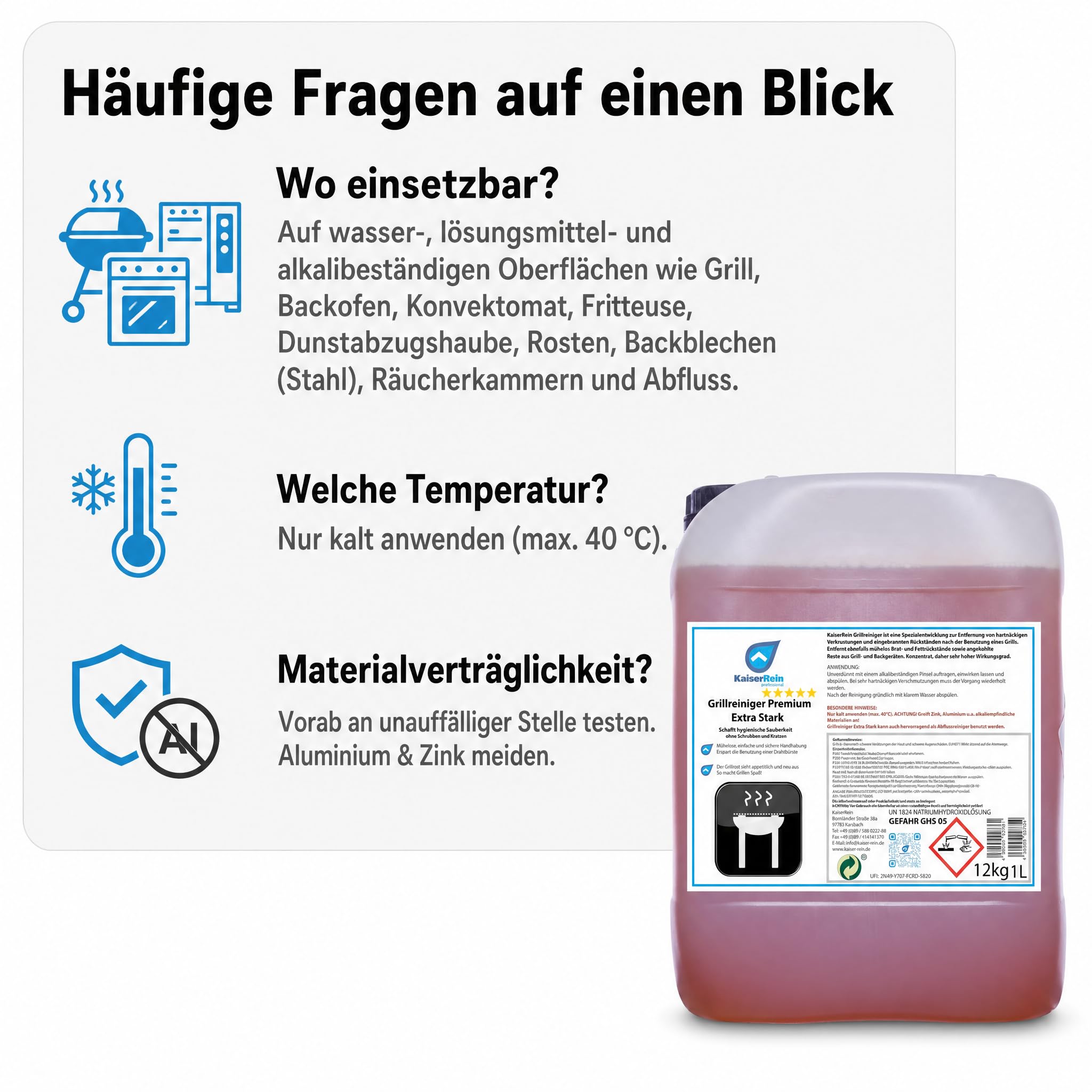KaiserRein Grillreiniger Premium Extra Stark, Konzentrat im 10 L Kanister, Backofenreiniger für Gastronomie, Krustenlöser für Grillrost, Konvektomat und Fritteuse, kalt anwendbar, Made in DE
