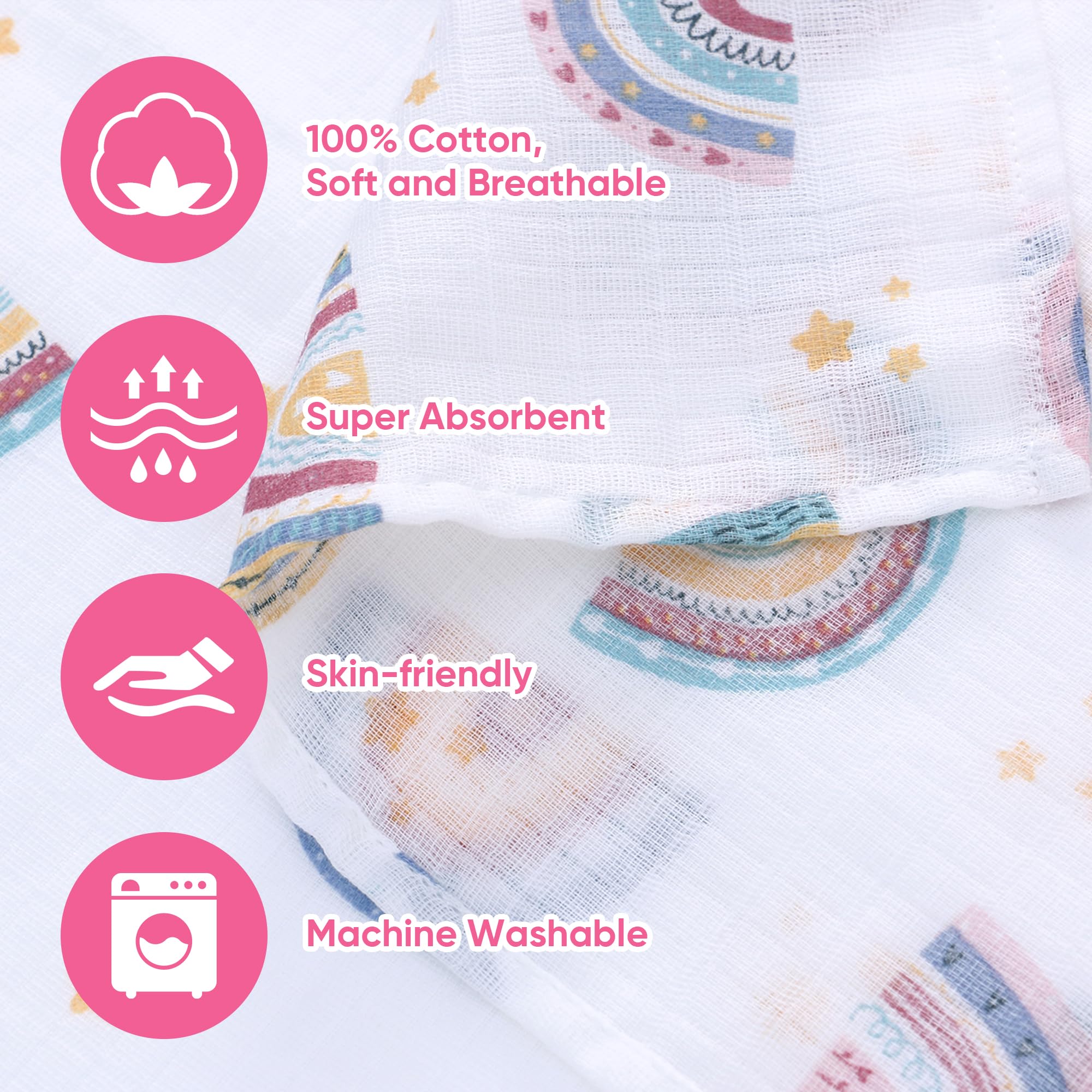 LAT Muslin Cloths for Baby 4 Pack 70 * 70cm Baby Muslin Squares Burp Cloths for Newborns 100% Cotton Soft and Breathable Washcloths Muslin Swaddle Blanket for Newborns (Stars+White) - Image 3