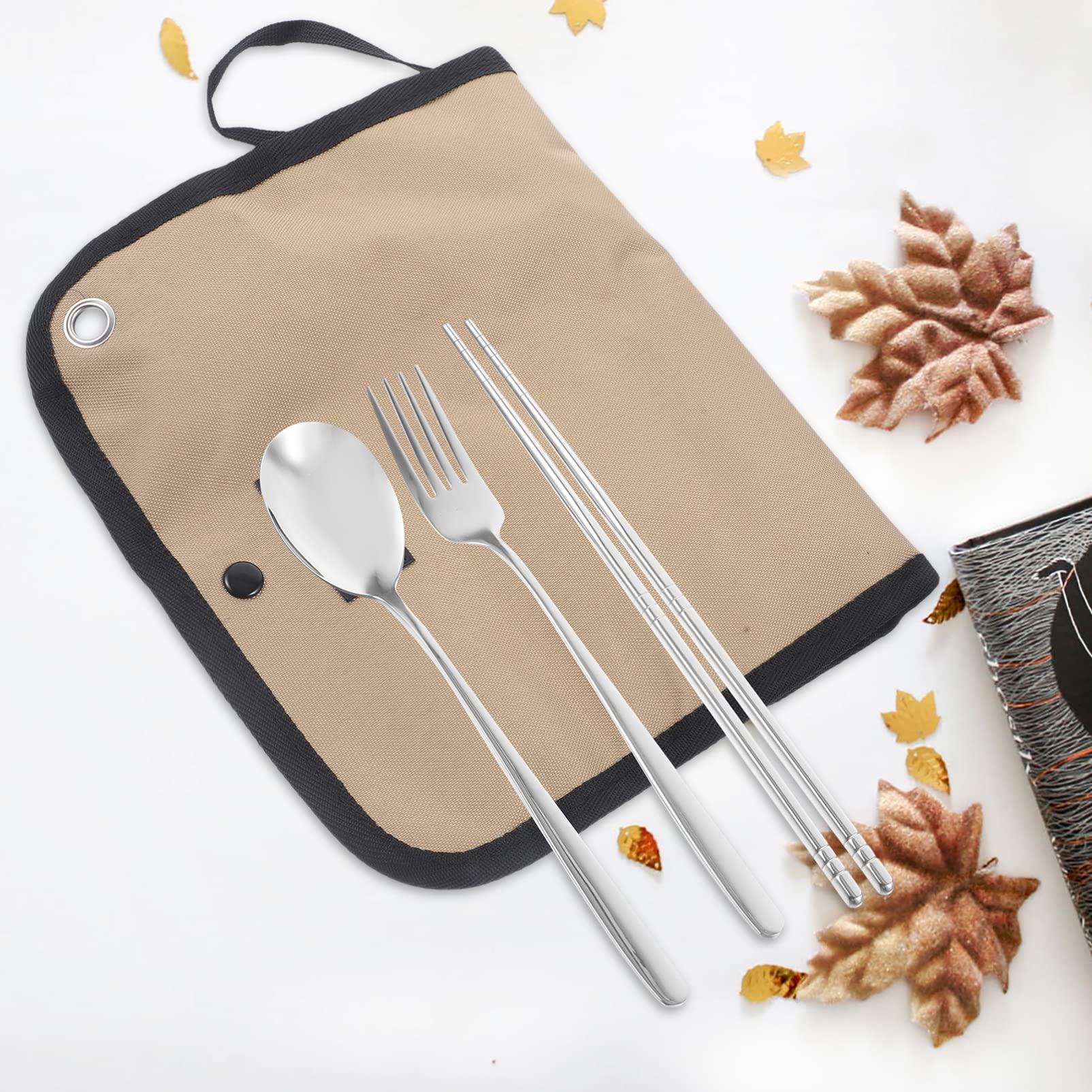 HANABASS Set Posate da Campeggio Portabile Cucchiaio, Forchetta, Cucchiaino e Contenitore, Realizzato in Acciaio Inossidabile e Nailon, per Escursioni e Picnic