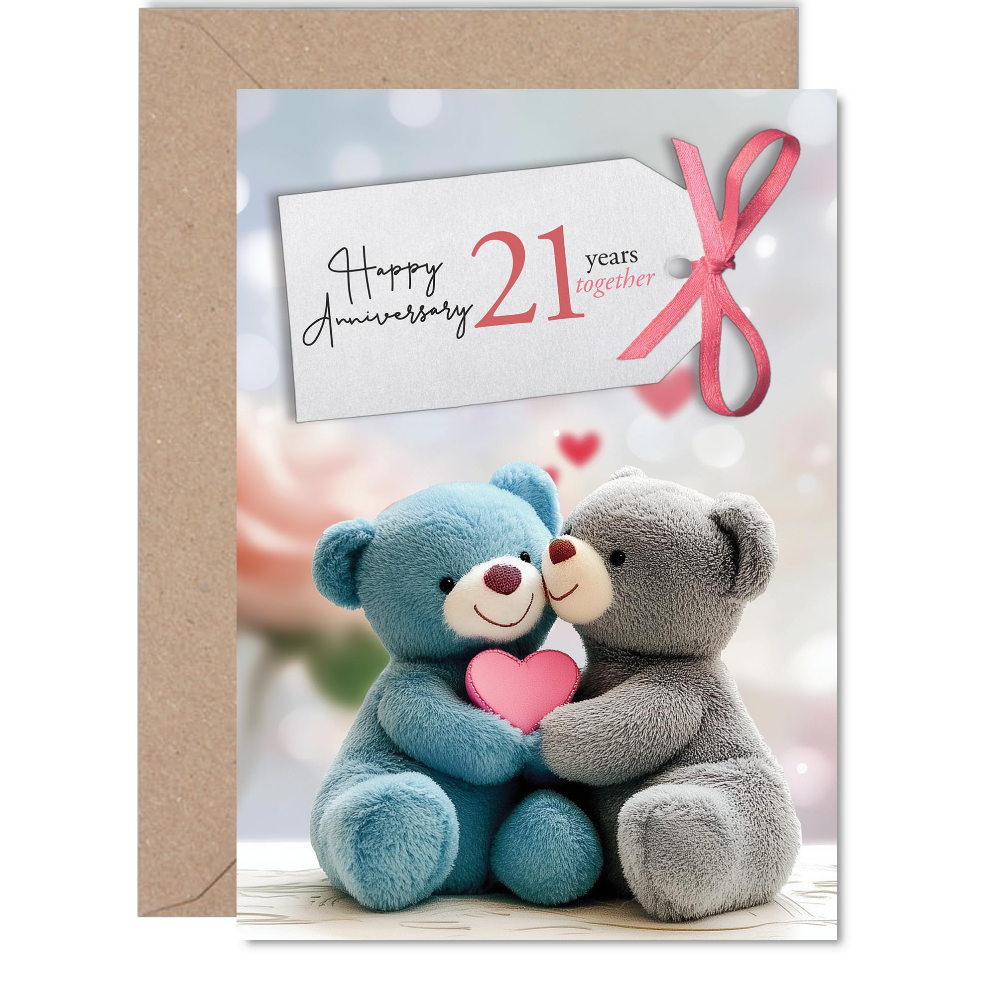 21st Anniversary Card for Women Men - Bears in Love - Happy 21 Year Anniversary Card for Partner Wife Husband Companion, 5x7 Inch Wedding Anniversaries Greeting Cards