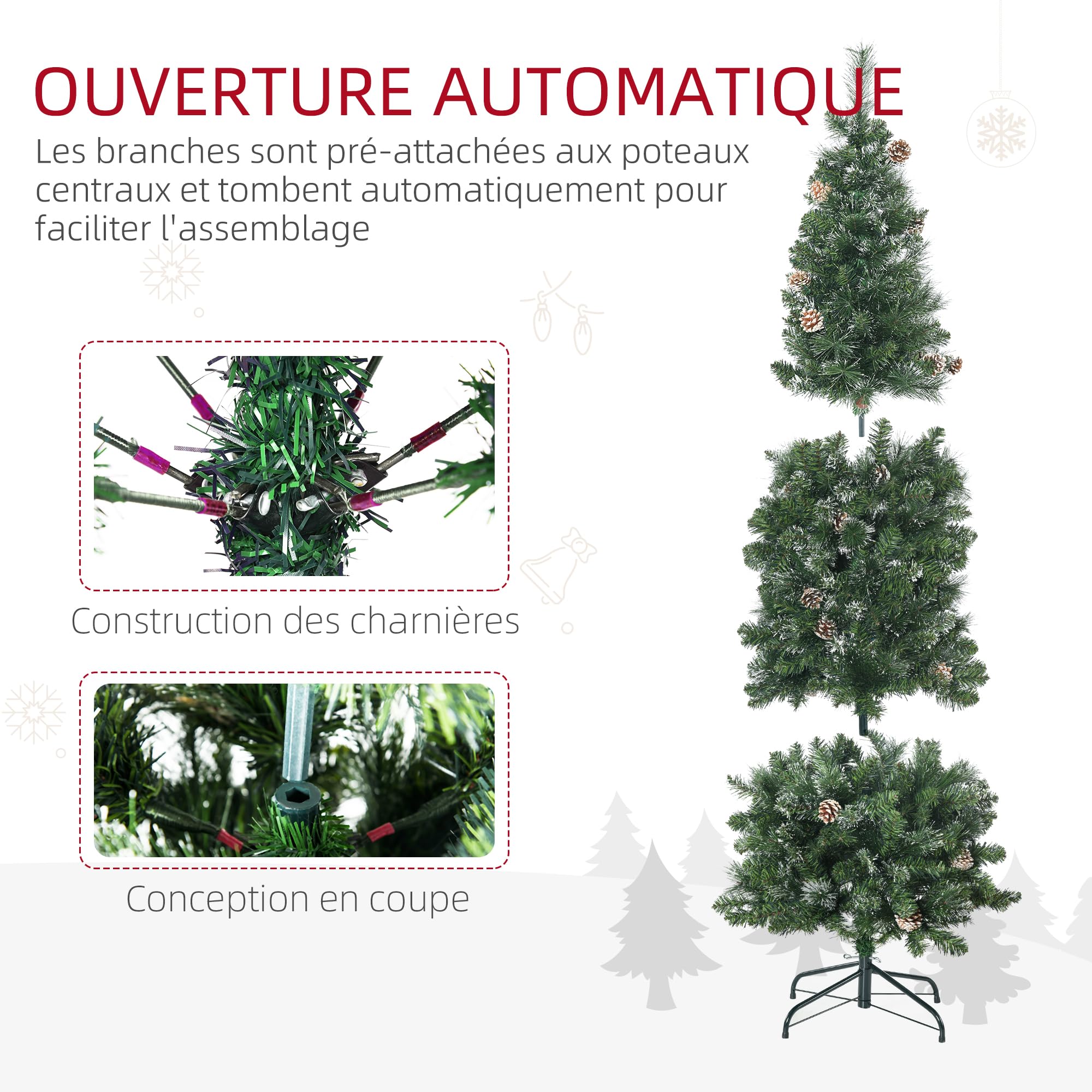 HOMCOM Sapin de Noël Artificiel 180 cm avec 618 Branches Enneigées Vert | Support en Acier, Socle Pliable