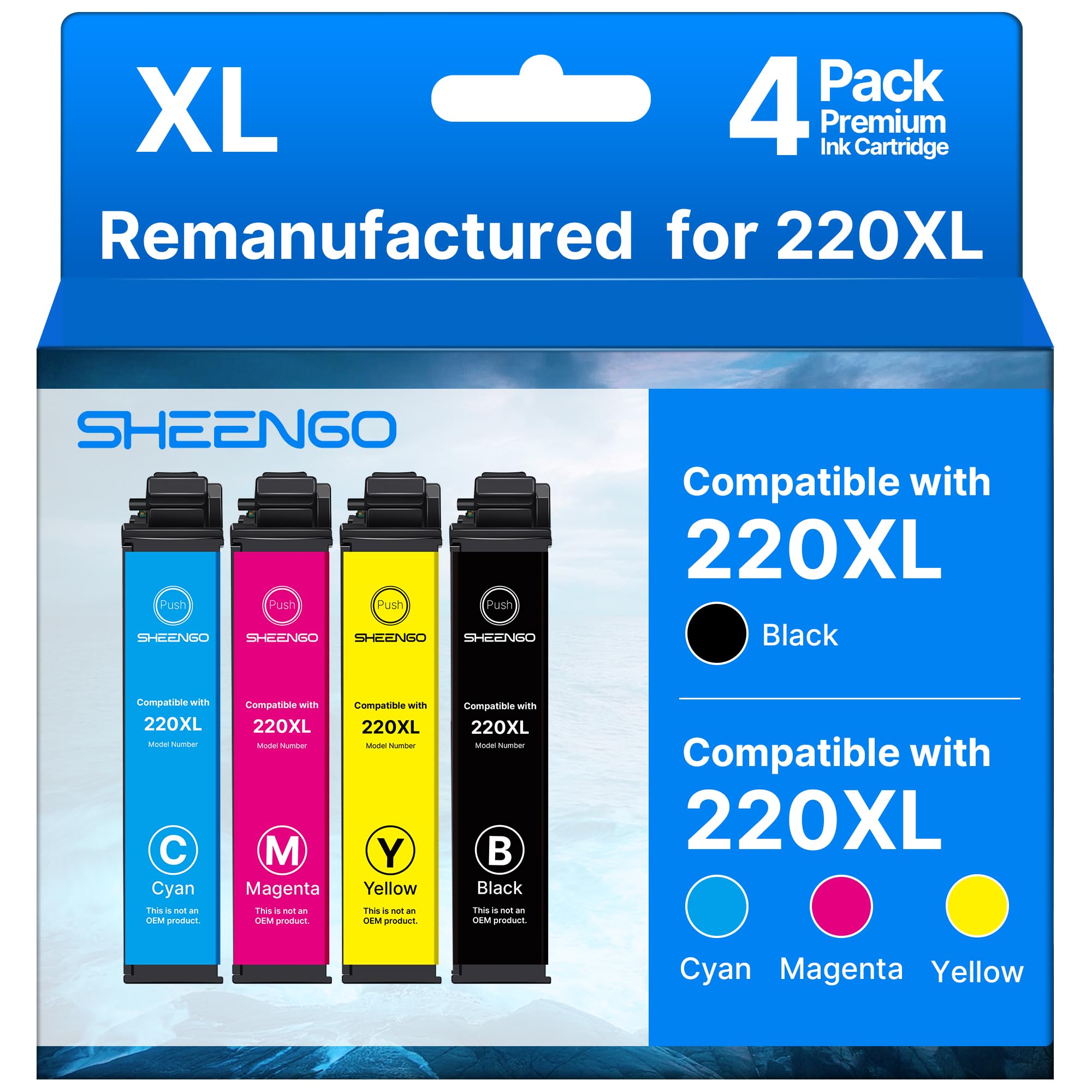 Remanufactured Ink Cartridge Replacement for Epson 220XL Ink Cartridges for WF-2760 WF-2750 WF-2630 WF-2650 WF-2660 XP-320 XP-420 XP-424 Printer (Black Cyan Magenta Yellow, 4 Pack)