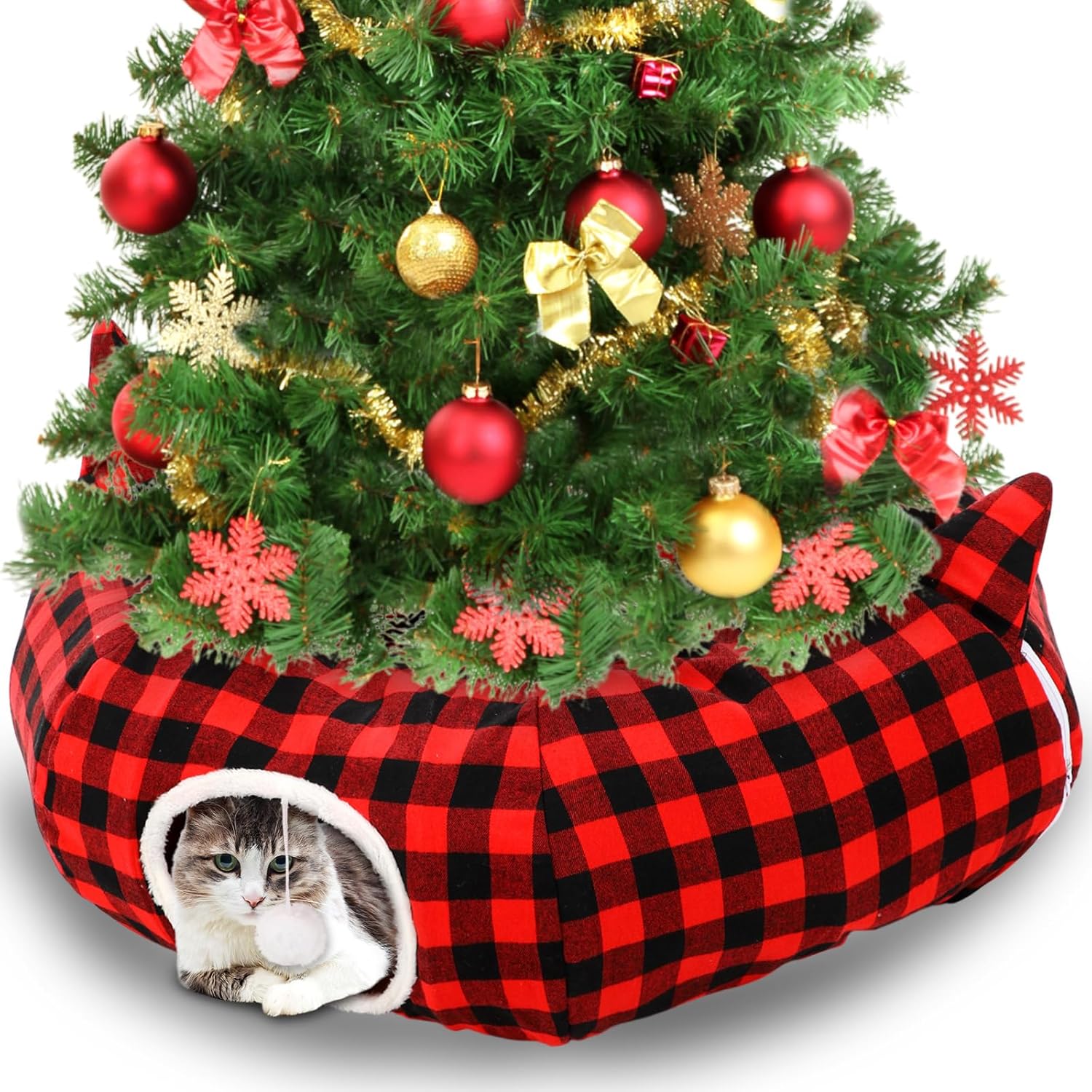 Cat Tunnel with Christmas Tree Skirt, Cat Bed for Indoor with Hanging Ball, 33.9 Inch Buffalo Plaid Red and Black Christmas Decorations Cave for Felines and Small Animals Outdoor Decoration