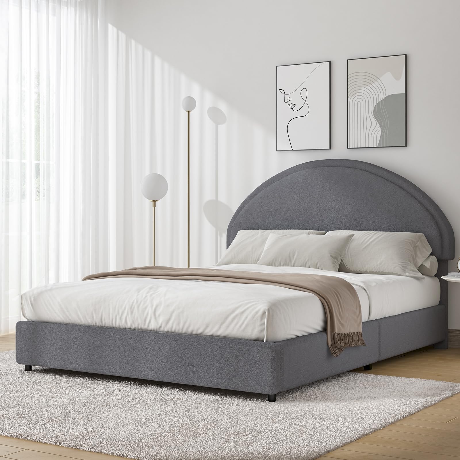 REVOMINCA Full Size Bed Frame, Boucle Upholstered Bed Frame with Headboard, Modern Style, Soft Platform Bed with Round Headboard, No Box Spring
