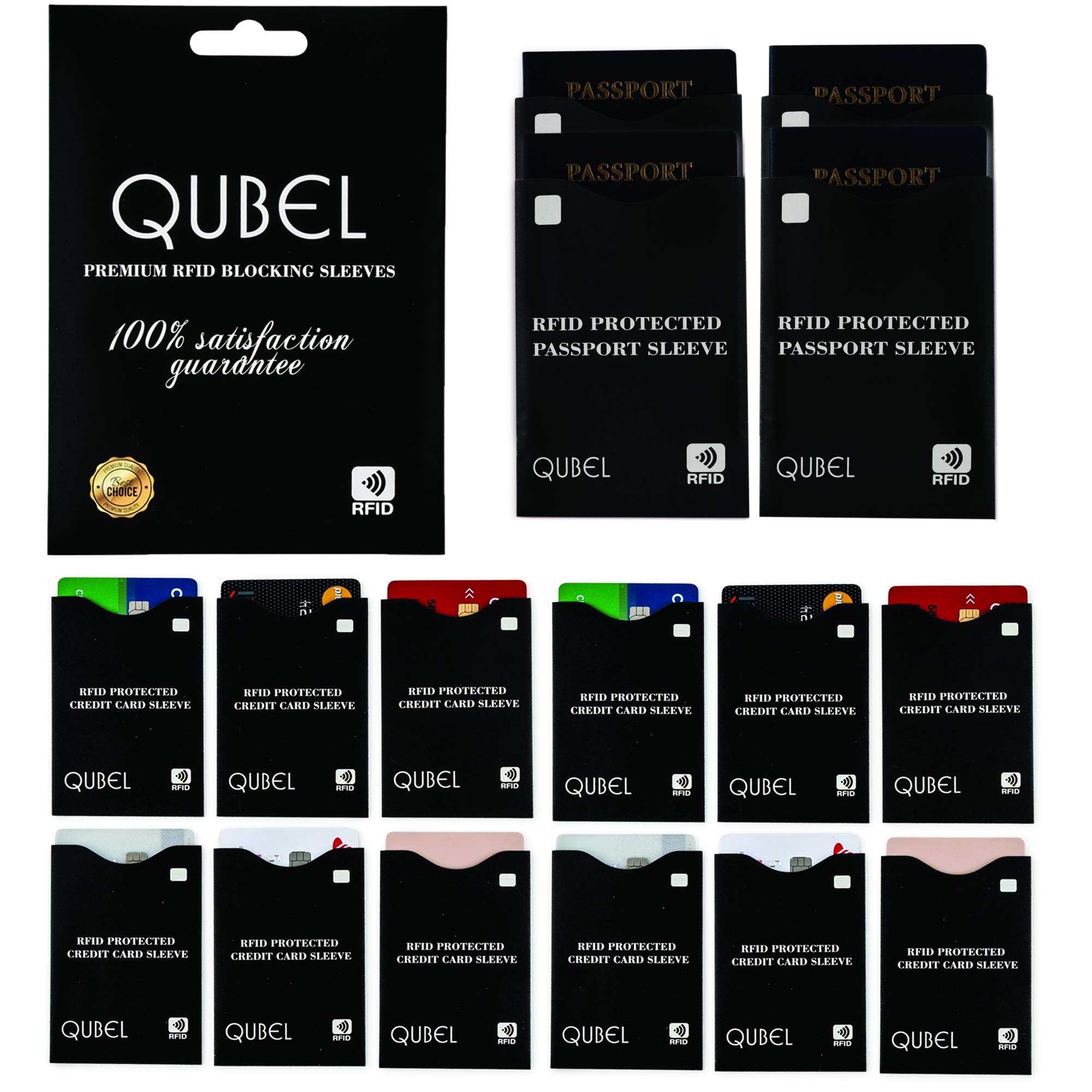 RFID Blocking Sleeves (Set of 16: 12 Credit Card Protectors & 4 Passport Protectors) Tear Proof, Waterproof, Smart Slim Design. Fits Any Wallet/Purse. Premium Identity Theft Protection by Qubel