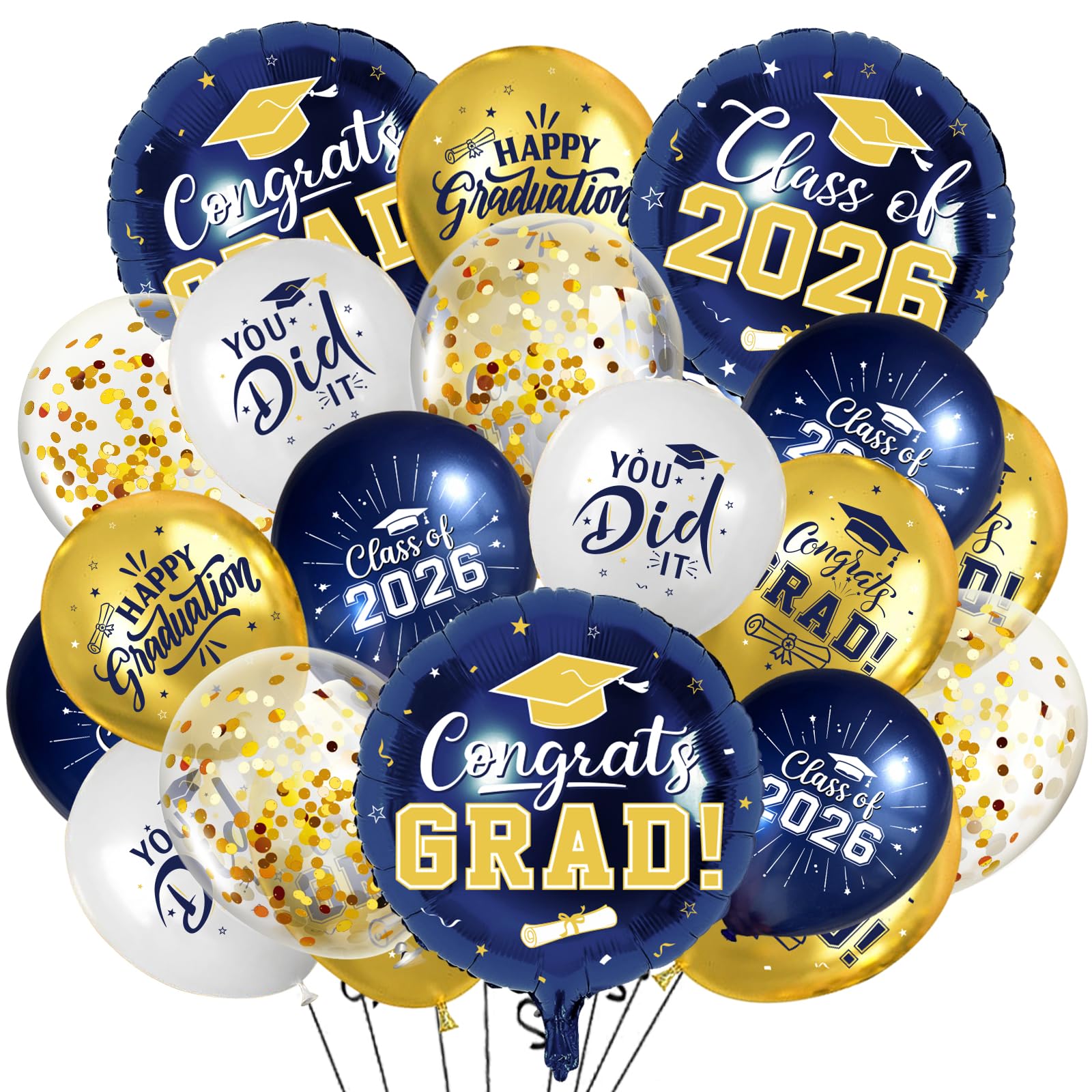 Navy Blue and Gold Graduation Balloons Graduation Decorations 2026, 51Pcs Grad Latex Balloons and Grad Foil Balloon with Confetti Ribbons Grad Party Decorations for College High School