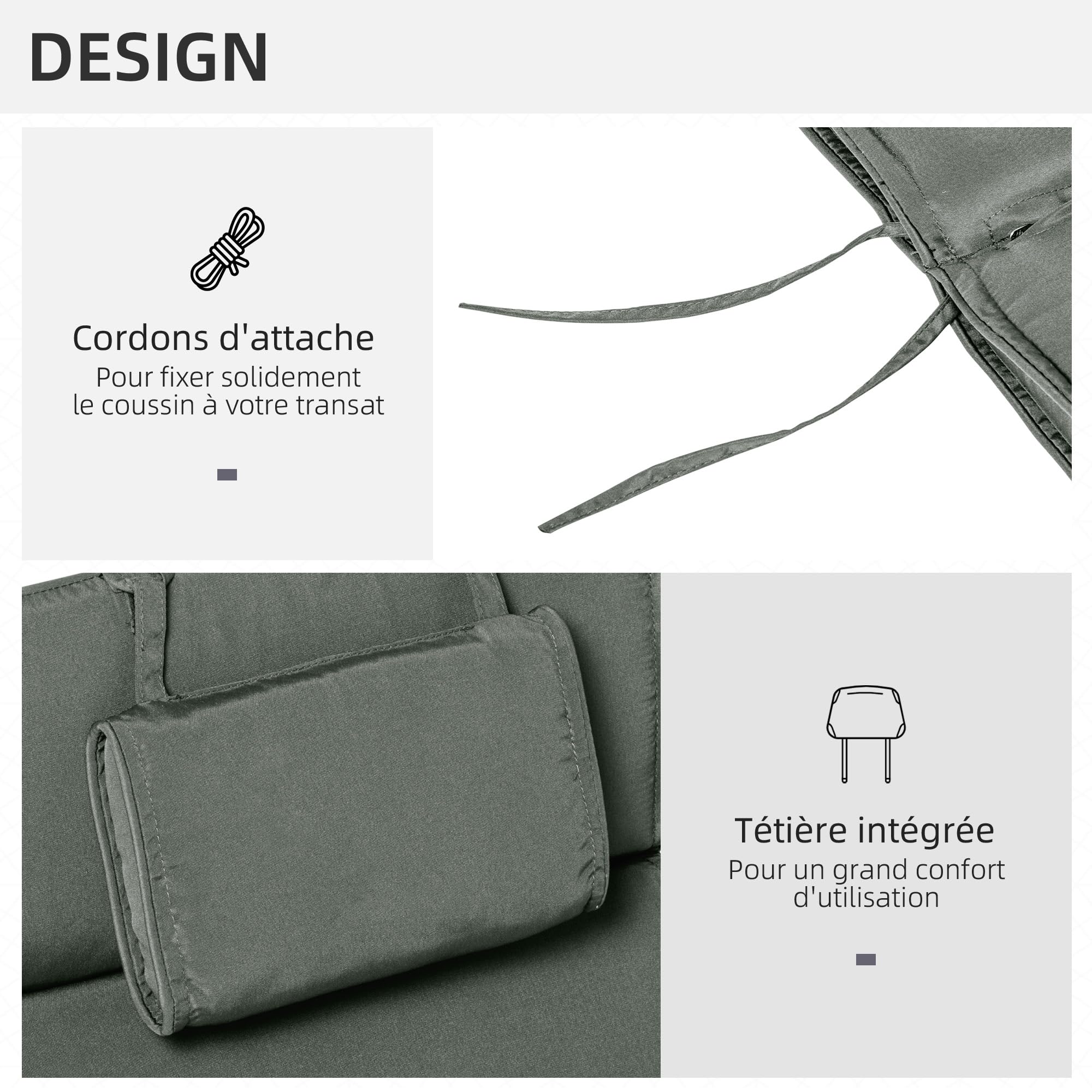 Outsunny Coussin Bain de Soleil Matelas Zippé 198 x 53 x 5 cm Gris | Coussin Chaise Longue, Matelas Transat, Déhoussable, Tétière, Cordons d'Attache, Matelas Uniquement