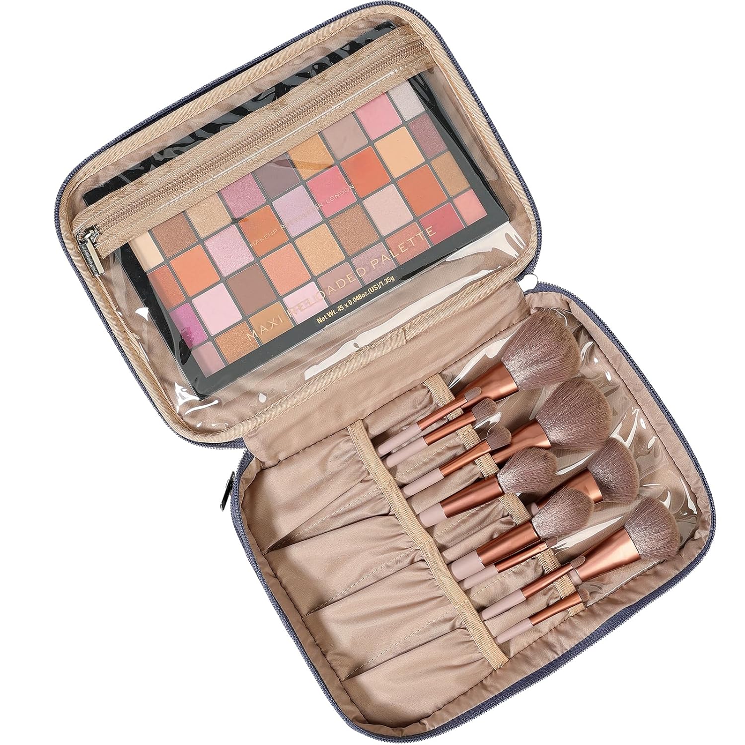 NISHEL Large Double Layer Travel Makeup Bag Women, Cosmetic Case, Organizer for Travel-Size Accessories Bottles, Brushes, Conditioner, and Skin Care Products, Aegean-Blue - Image 2