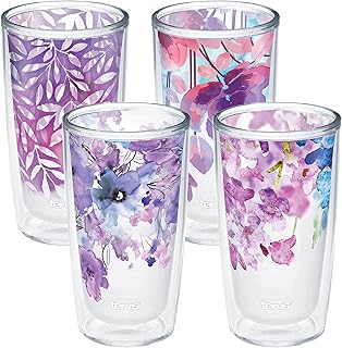 Tervis Made in USA Double Walled Watercolor Floral Purple - Crystal Insulated Tumbler Cup Keeps Drinks Cold & Hot, 16oz - 4pk, Assorted