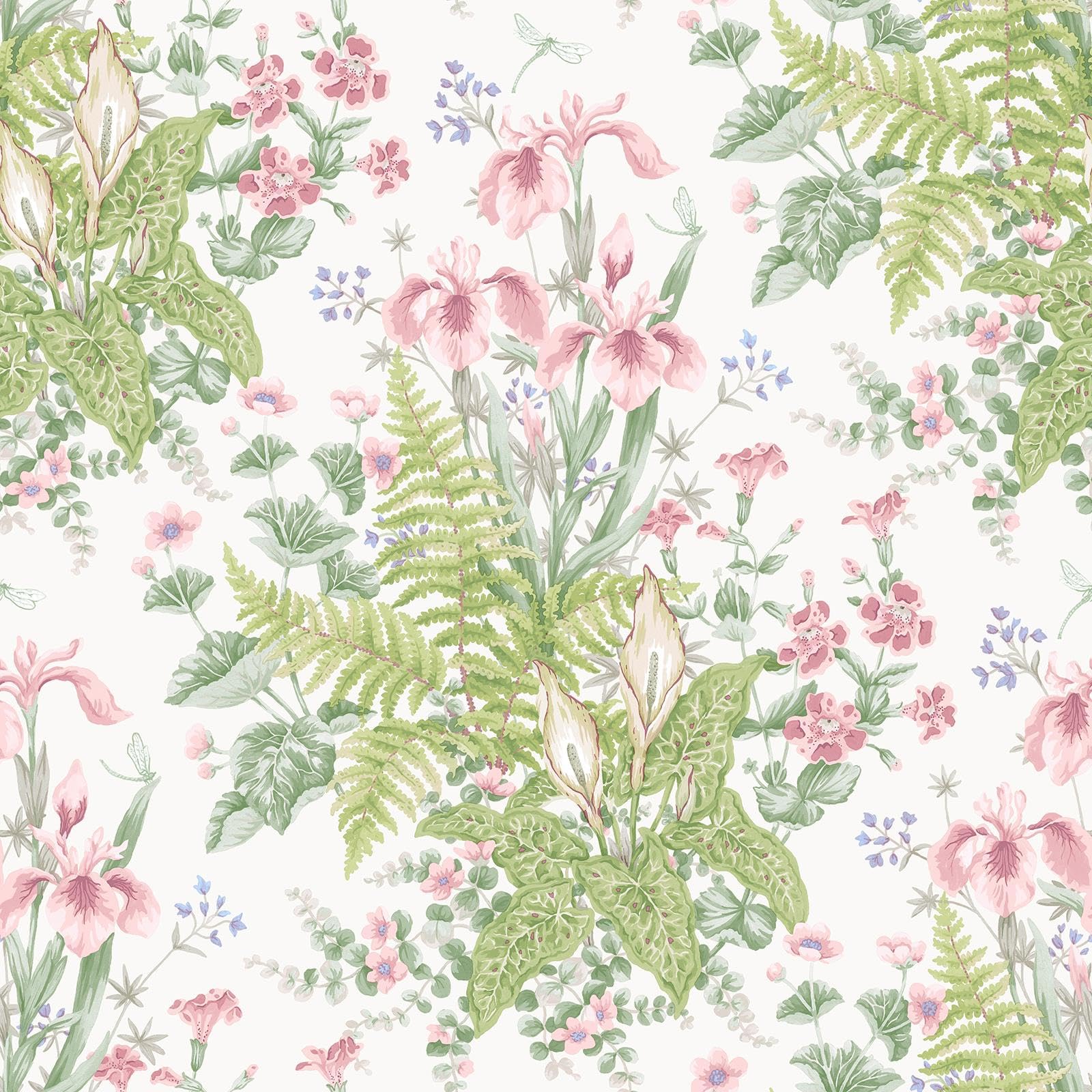 Floral Wallpaper Green Pink Botanical Flower Trail Cream Washable Paper