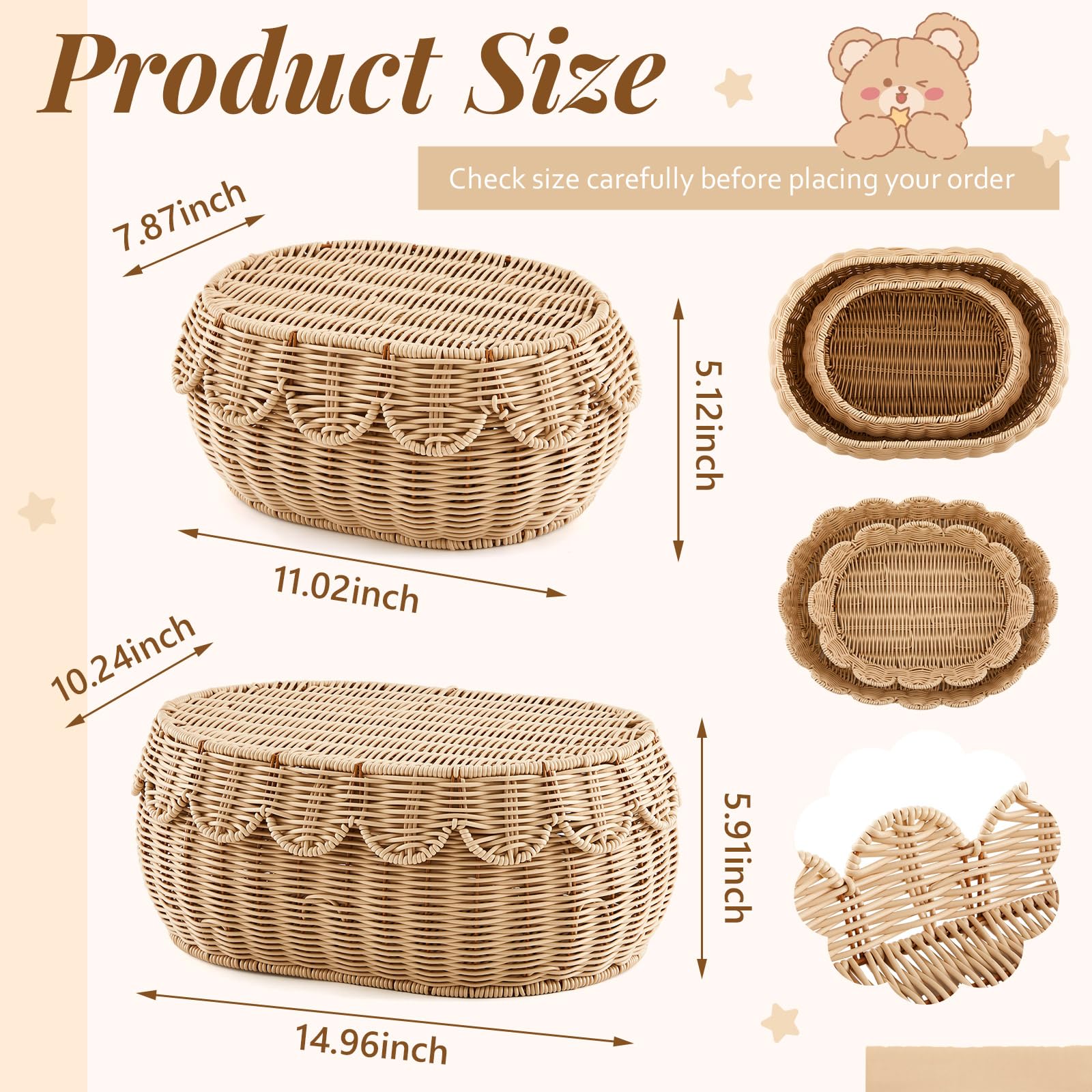 Juexica 2 Pcs Scalloped Rattan Baskets, Woven Rattan Wicker Storage Baskets with Lid for Nursery Storage diaper organizer Bathroom Decor(Natural)
