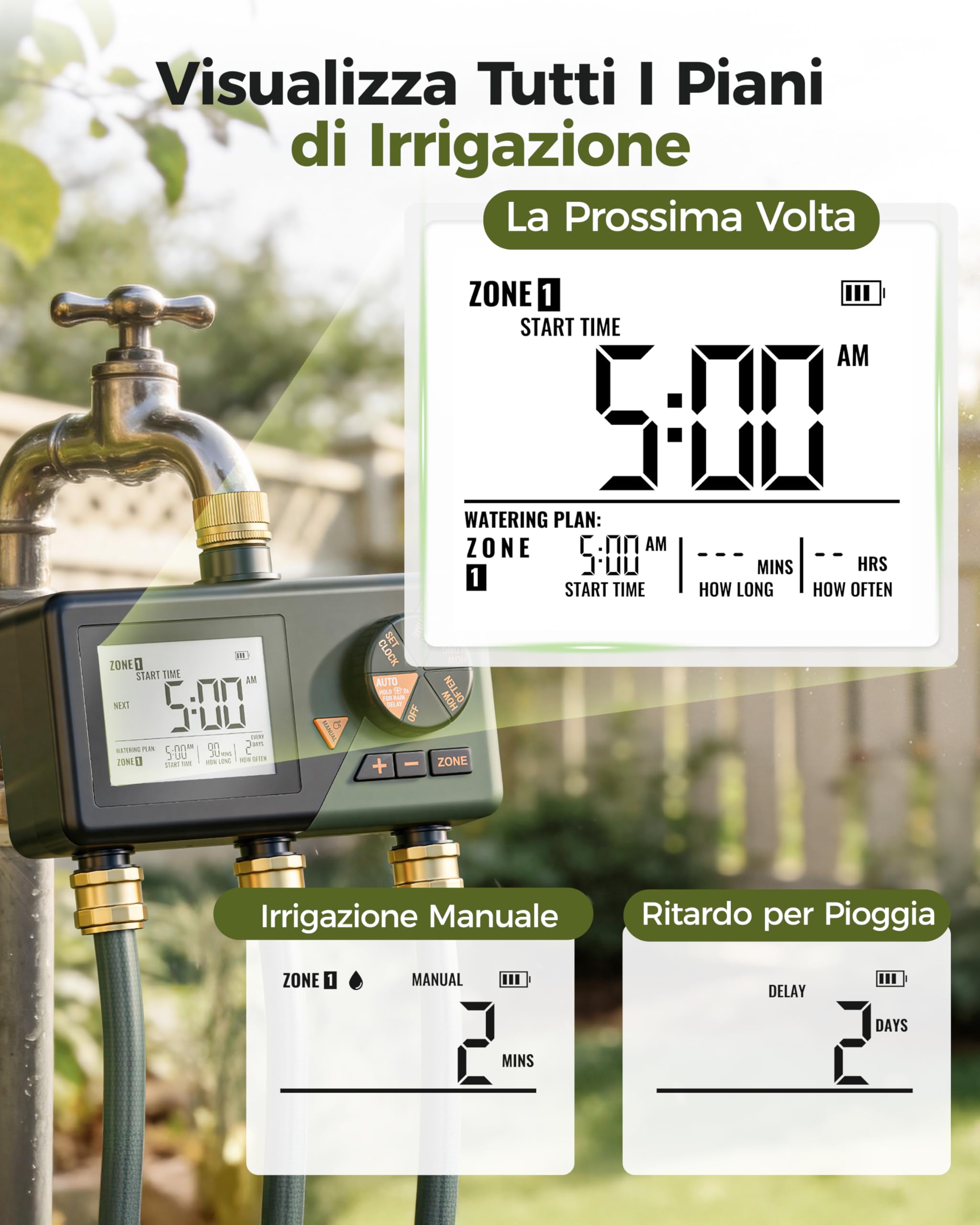 Diivoo Ottone Centralina Irrigazione 3 Vie per Giardino, Prato, Cortile | Ampio Display LCD, Ritardo Pioggia, Irrigazione Manuale