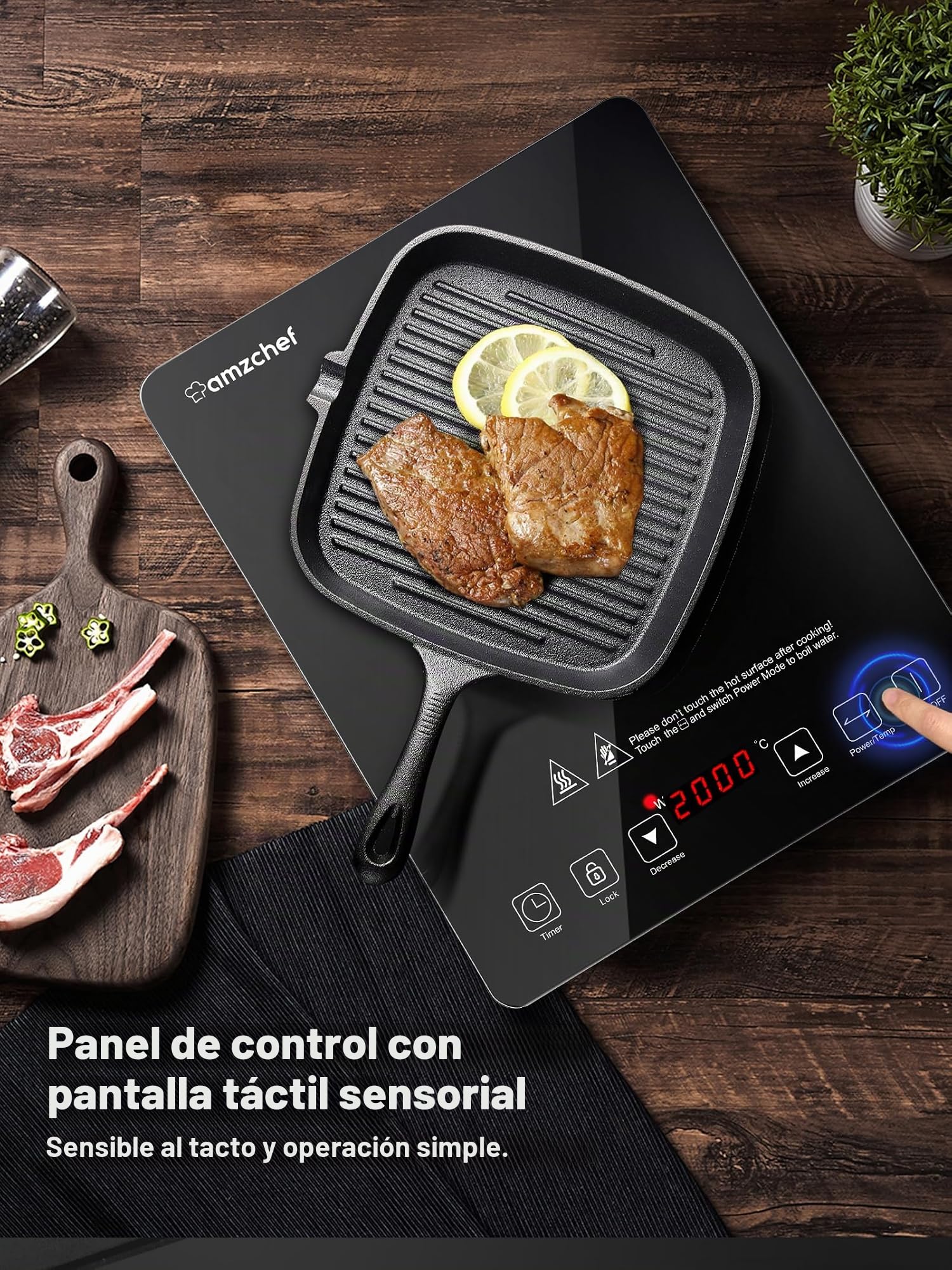 Placa Inducción Portatil AMZCHEF, placa de inducción de 2000 W con cuerpo delgado, 20 niveles de potencia, 20 configuraciones de temperatura, temporizador de 3 horas, negro