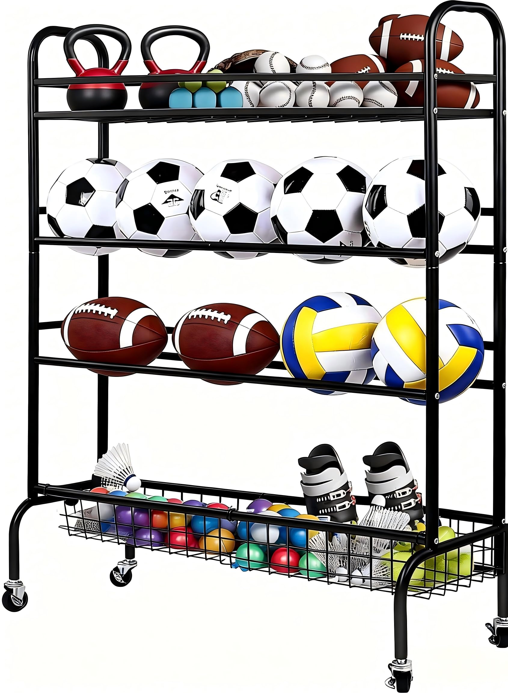 Fitvids Garagen-Sportgerät-Organizer, Garagenball-Aufbewahrung, Sportausrüstung, Garagen-Organizer mit Körben und Haken, rollender Sportball-Aufbewahrungswagen, schwarz, Stahl, mehrere Stile