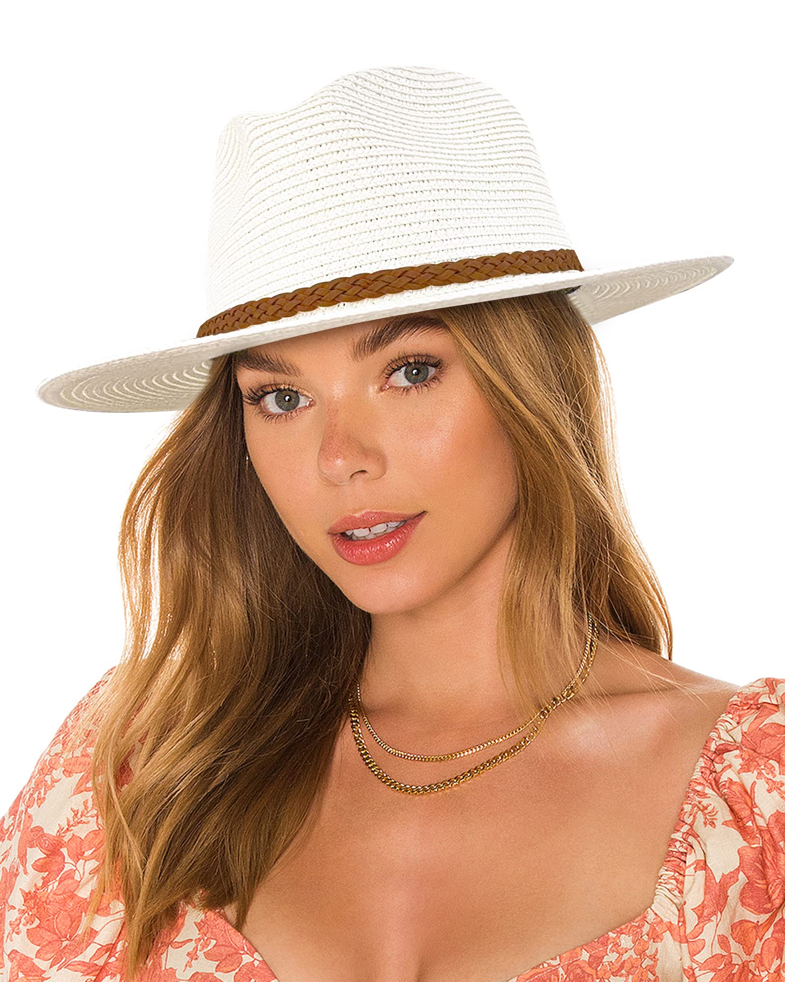 accsa Mujeres Sombrero de Panamá Sombrero de Paja Verano Ajustable Sombrero de Playa de Fedora con Cordón de Cuero Trenzado Transpirable Trilby ombrero de ala Ancha UPF 50+