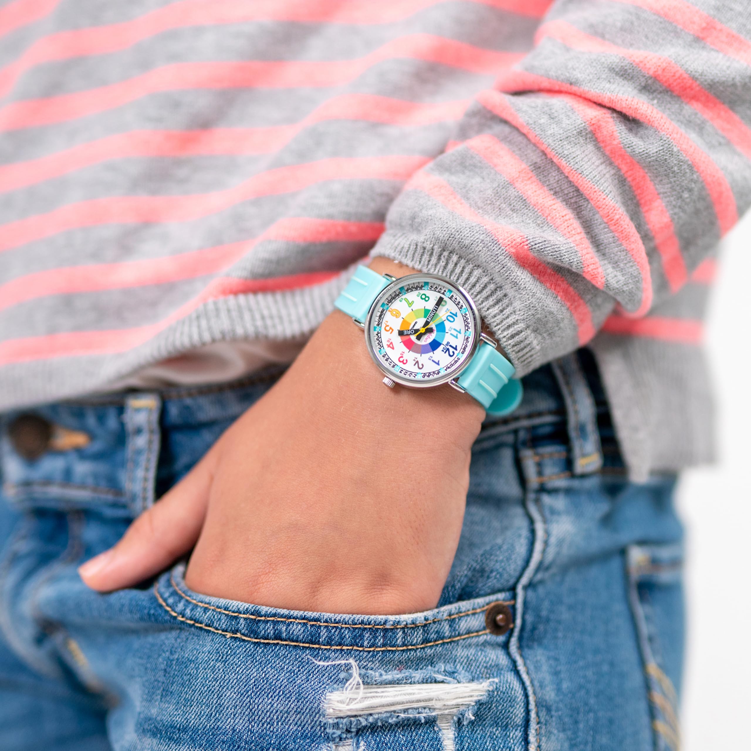 Kiddus Montre Enfant Éducative Analogique, Fille et Garçon Dès 5 Ans | Turquoise, 3ATM uniquement éclaboussures, aiguilles classiques et grands chiffres lisibles