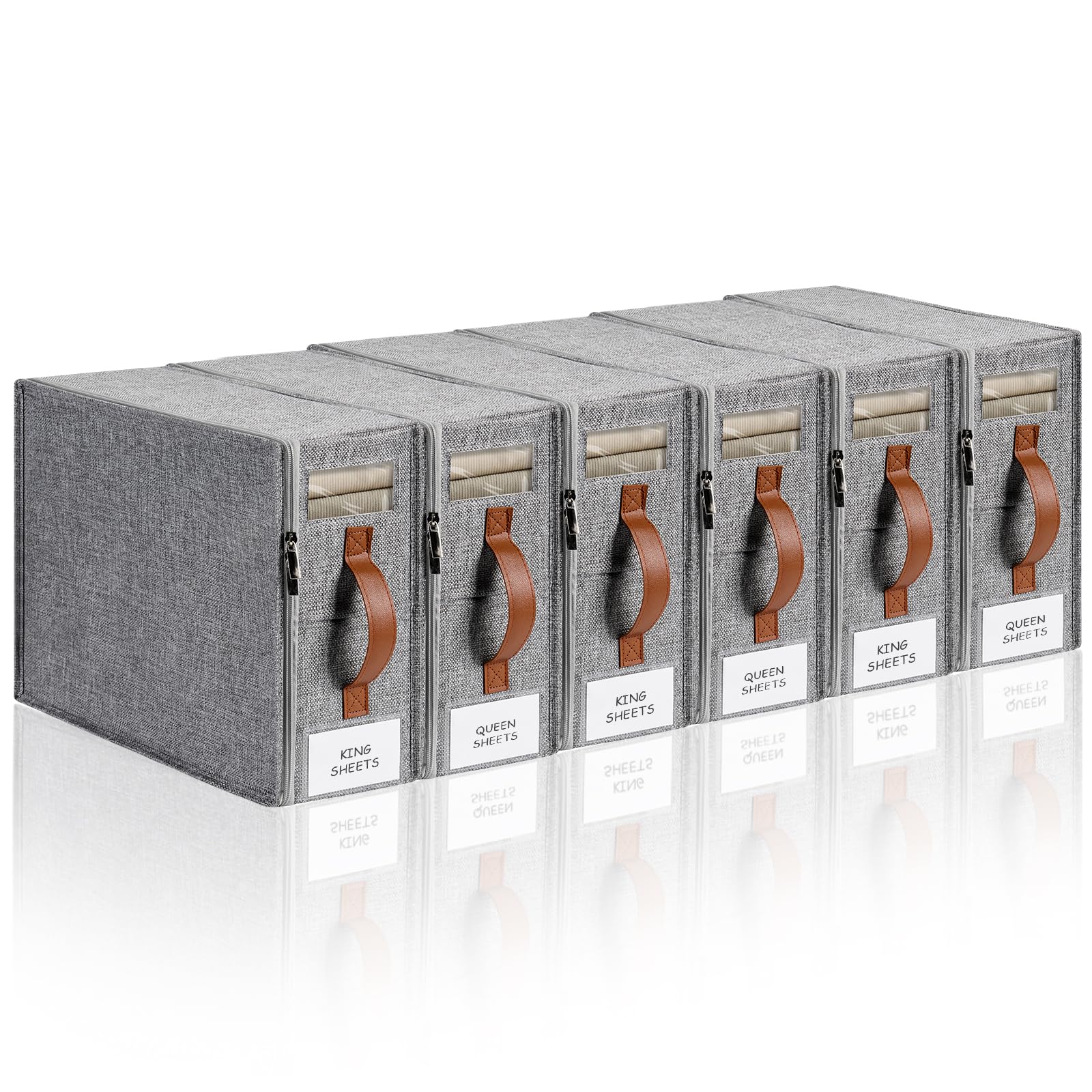 Paquete de 6 organizadores de sábanas, organizadores plegables de lino y almacenamiento con diseño sellado, almacenamiento de sábanas tamaño Queen y King con ventana, organizador de armario