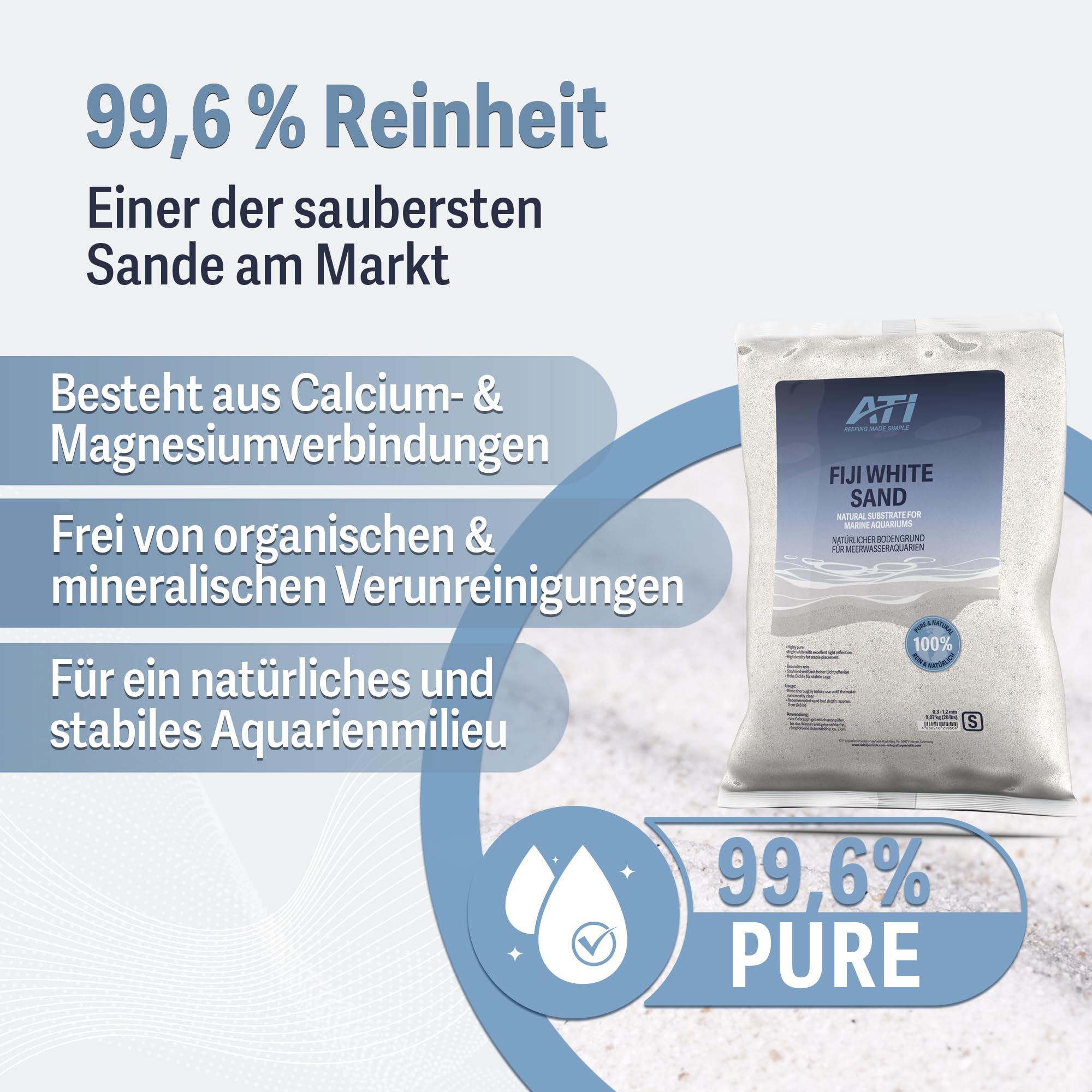 ATI Fiji White Sand M – strahlend weißer natürlicher Bodengrund für Meerwasseraquarien, hohe Reinheit, sehr Gute Lichtreflexion, 1,0–2,0 mm, 9,07 kg