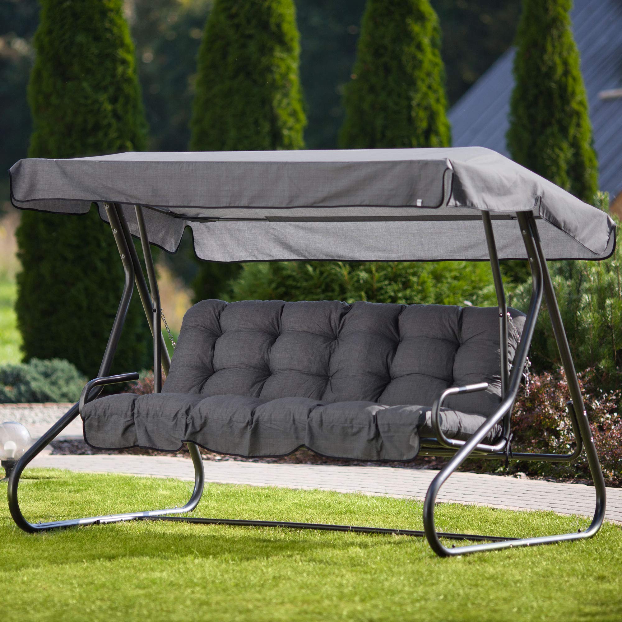 PATIO Hollywoodschaukel Auflage 175 grau Parma/Milano mit Sonnendach | Sitzpolster für Gartenschaukel Bank Sofa gesteppt Volant vorne