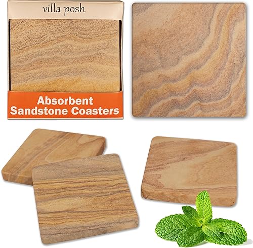 Villa Posh Posavasos absorbentes de piedra arenisca  Posavasos de piedra sedienta porosa natural para protección de muebles de interiorexterior,