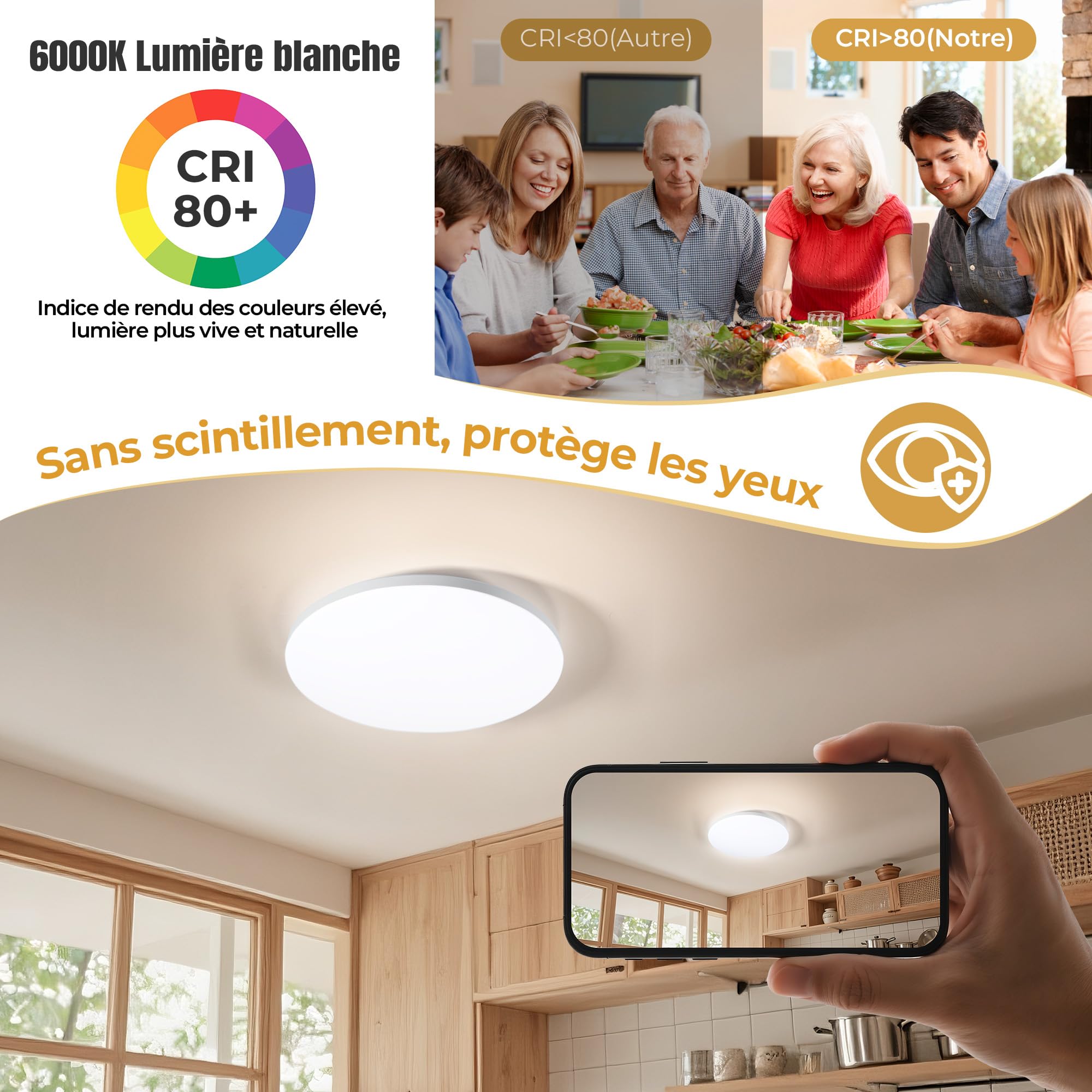 Plafonnier LED 32W Ø30cm IP44, Lumière Plafond Sans Scintillement 6000K, 1400LM Haute Efficacité Énergétique pour Salle de Bain, Cuisine, Salon - Design Ultra-Mince Moderne (Neutre)