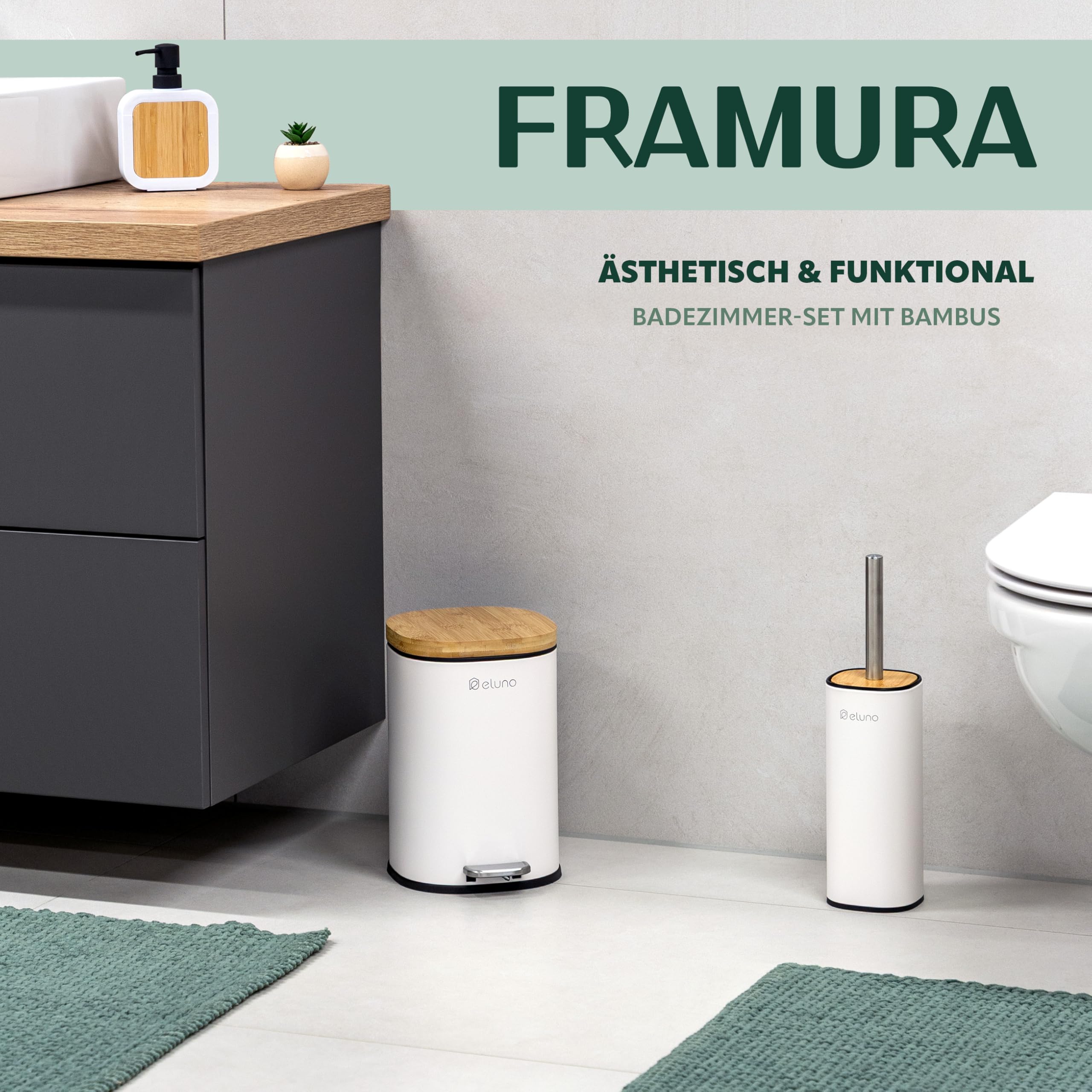 eluno Juego de accesorios de baño Framura, 2 piezas, compuesto por 1 cubo cosmético con tapa de cierre suave y 5 litros de capacidad y 1 juego de inodoro, de metal con tapa de bambú (blanco)