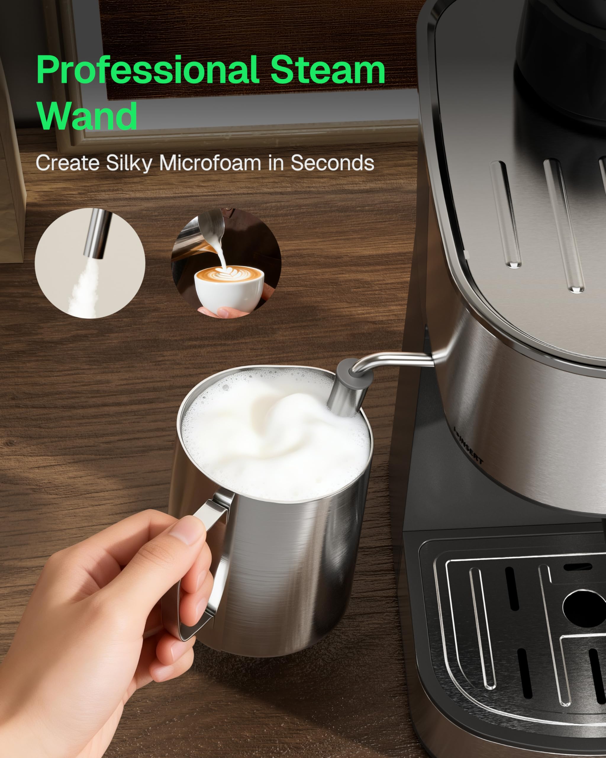 HBN Espresso Kaffeemaschine, 3,5 Bar, Espresso und Cappuccino Kaffeemaschine, 1-4 Tassen Edelstahl Kaffeemaschine mit Milchaufschäumer, Espressokocher mit Dampf