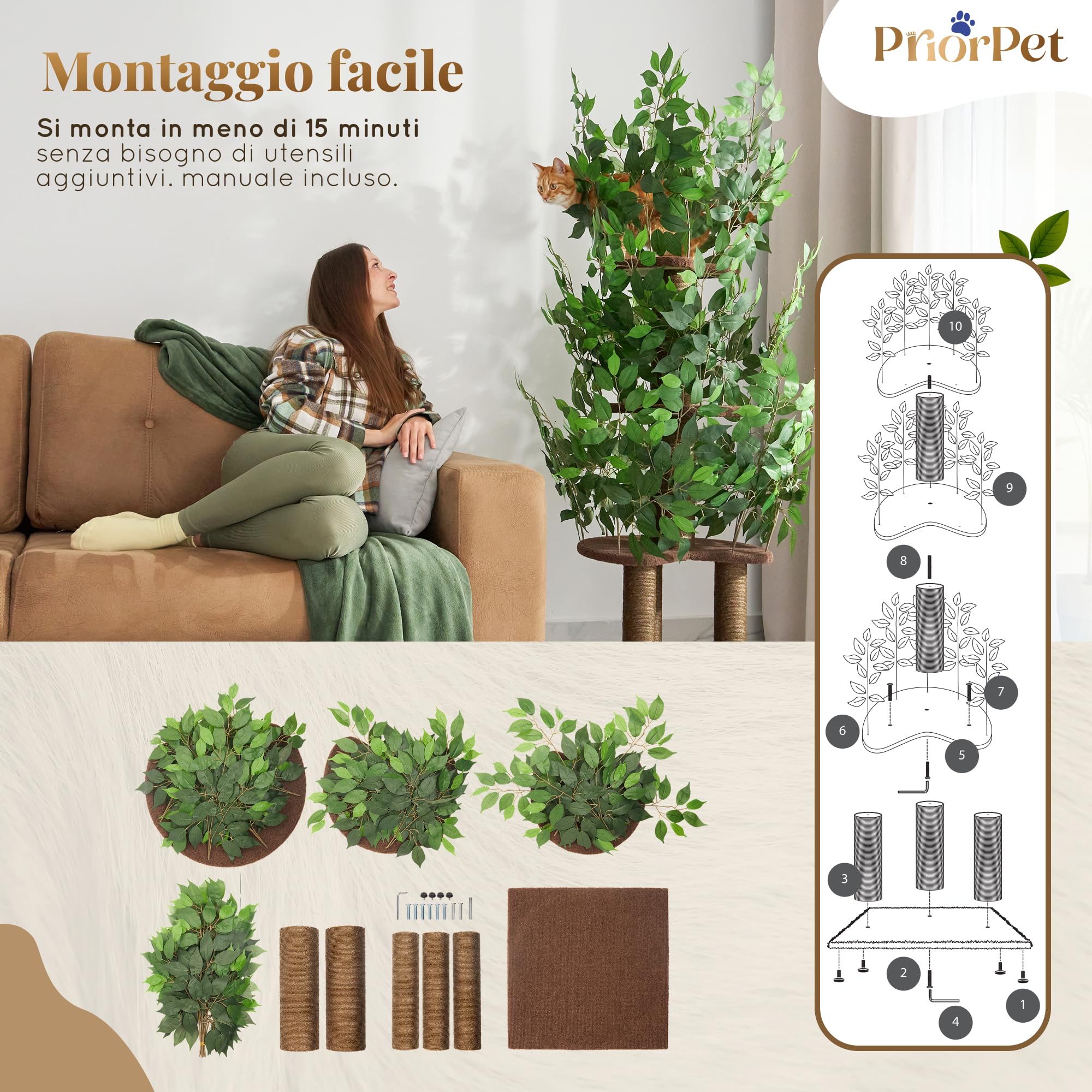 Albero per gatti con Foglie – Compatto e Robusto Tiragraffi per gatti adulti – Albero con 4 Livelli Graffiabili – Per Arrampicarsi Nascondersi e Dormire – Facile da Montare – Ideale per Spazi Ridotti