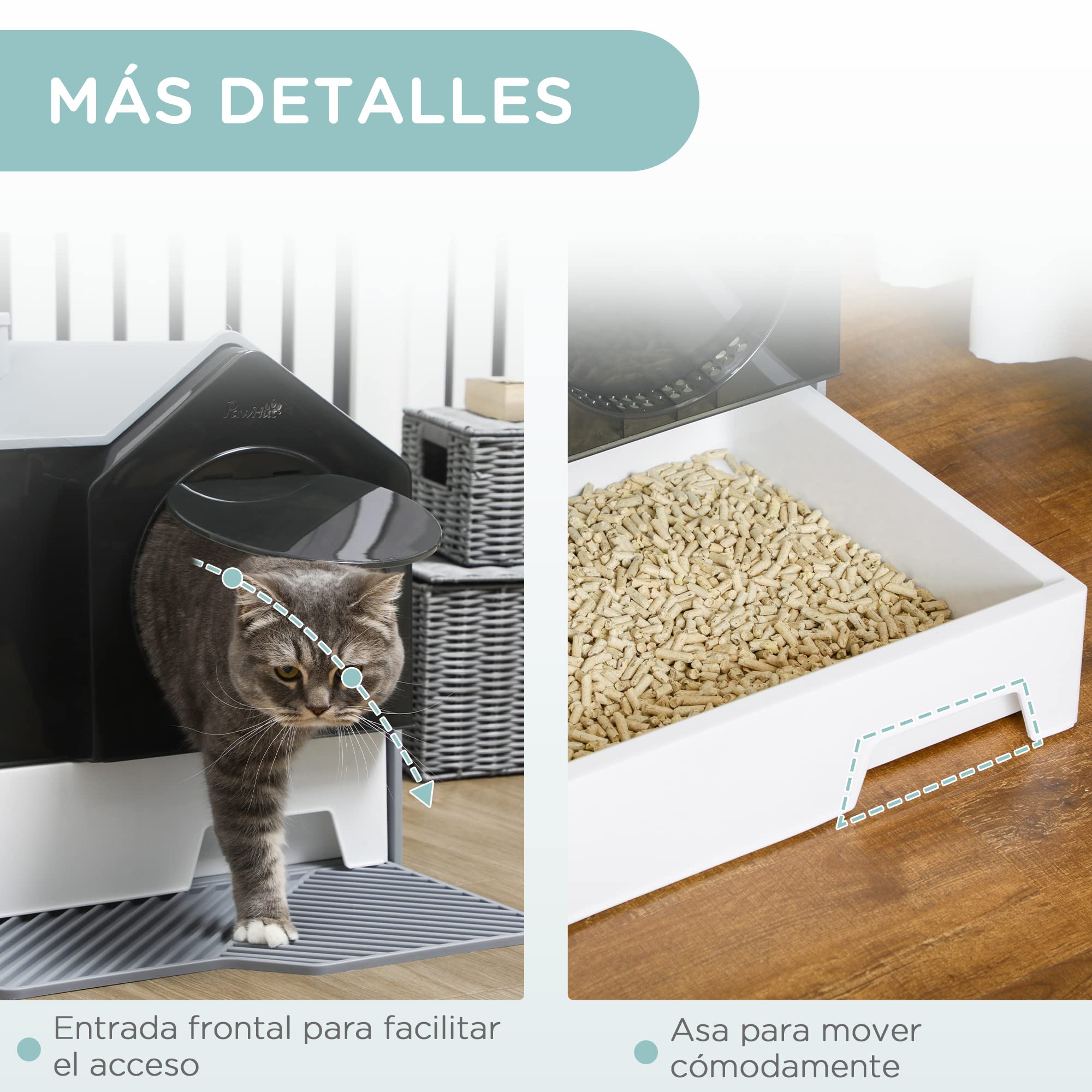 PawHut Arenero Cubierto para Gatos Bandeja Extraíble 47x45x42 cm Gris | Caja de Arena Cerrada para Gatos, Pala, Pedal Exterior, Filtro Desodorizante