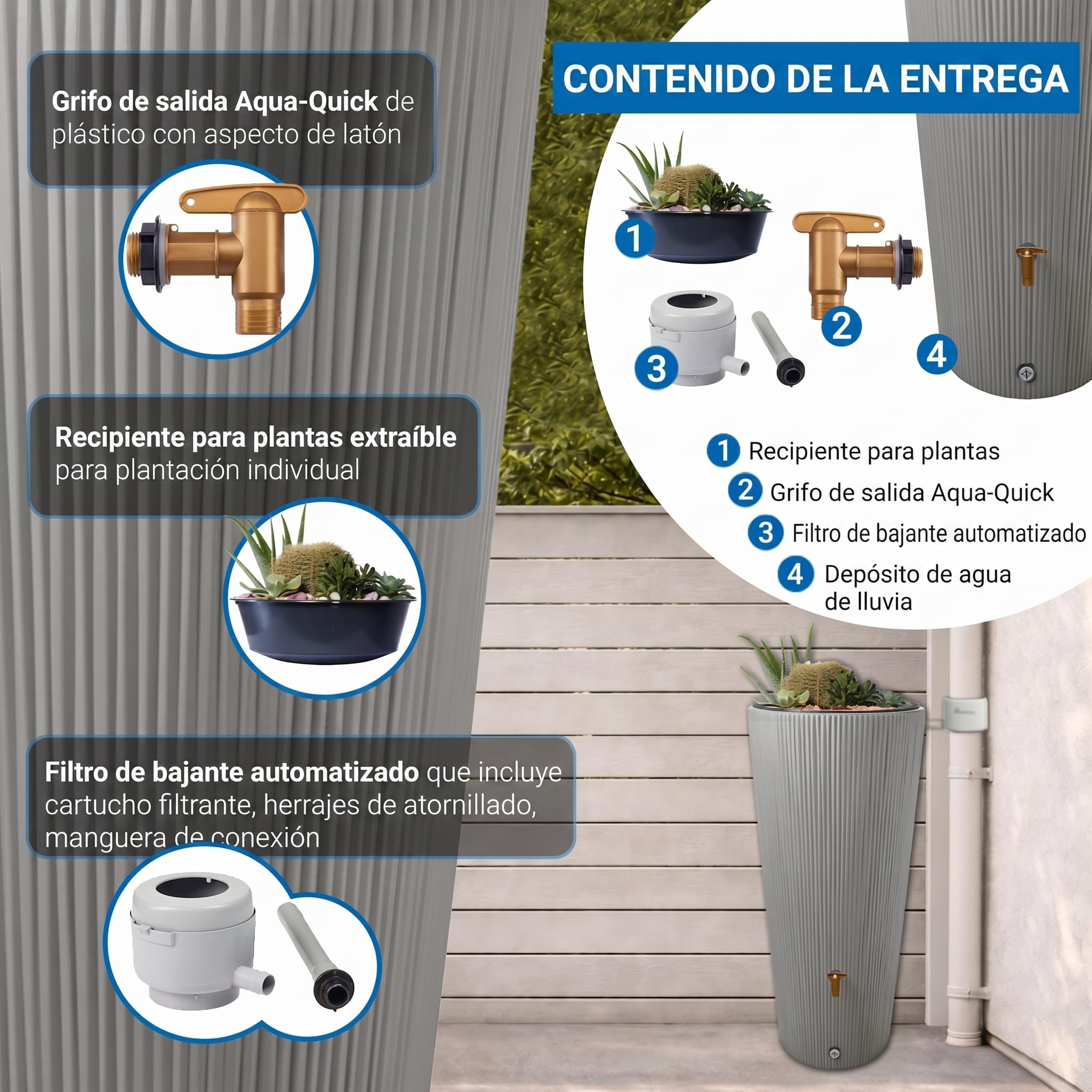 4rain Vaso 2en1 Decor depósito de Agua de Lluvia 220 L Gris Zinc Incl. Grifo de plástico y conexión al bajante | Incluye grifo de plástico y conector de bajada, forma delgada para el jardín, barril de lluvia vegetal