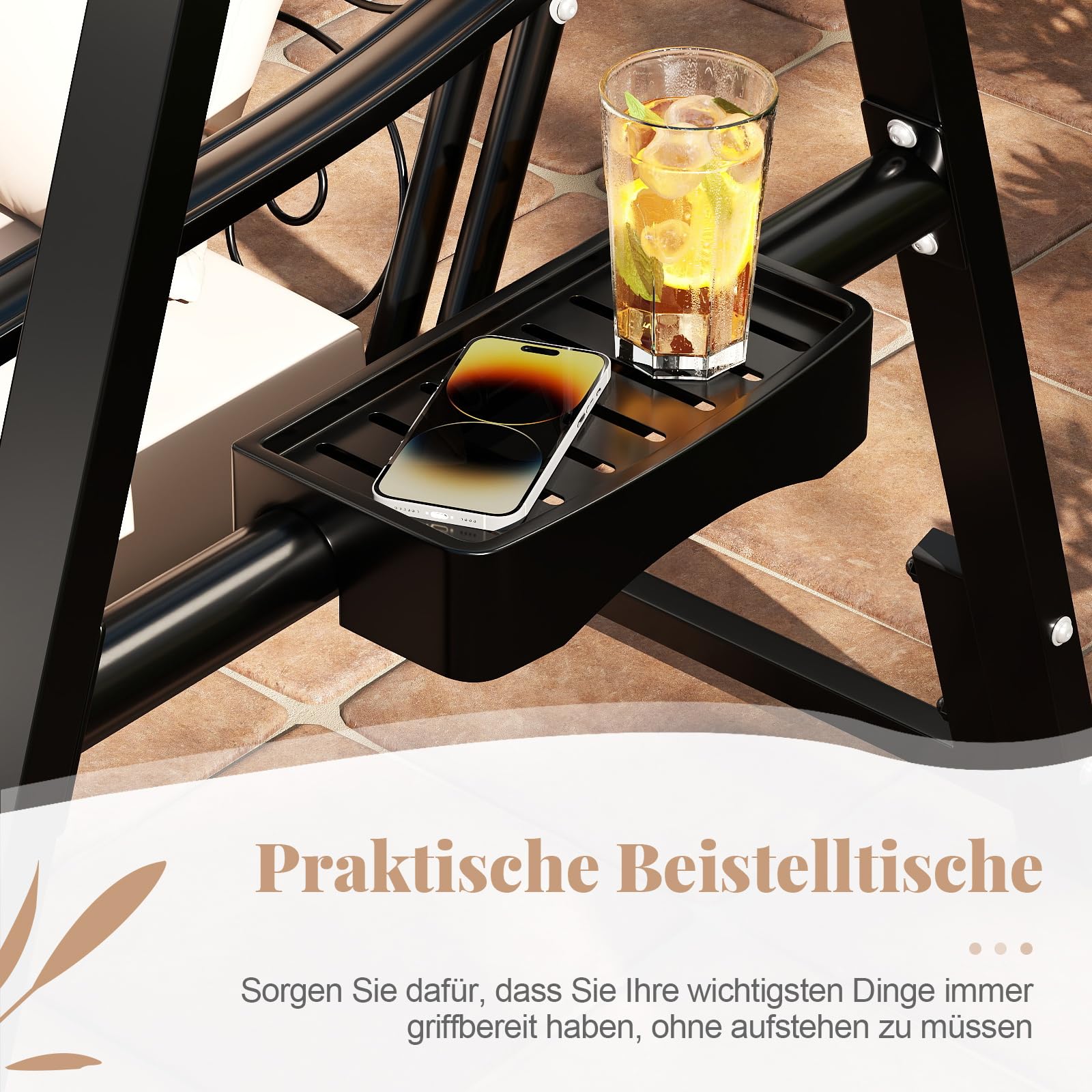 COSTWAY Outdoor Schaukel mit Gestell, Gartenschaukel Metall mit abnehmbaren Kissen & Seitentischen, bis 160 kg, Terrassenschaukel Schaukelgerüst für Garten, Balkon, Hinterhof (Schwarz)
