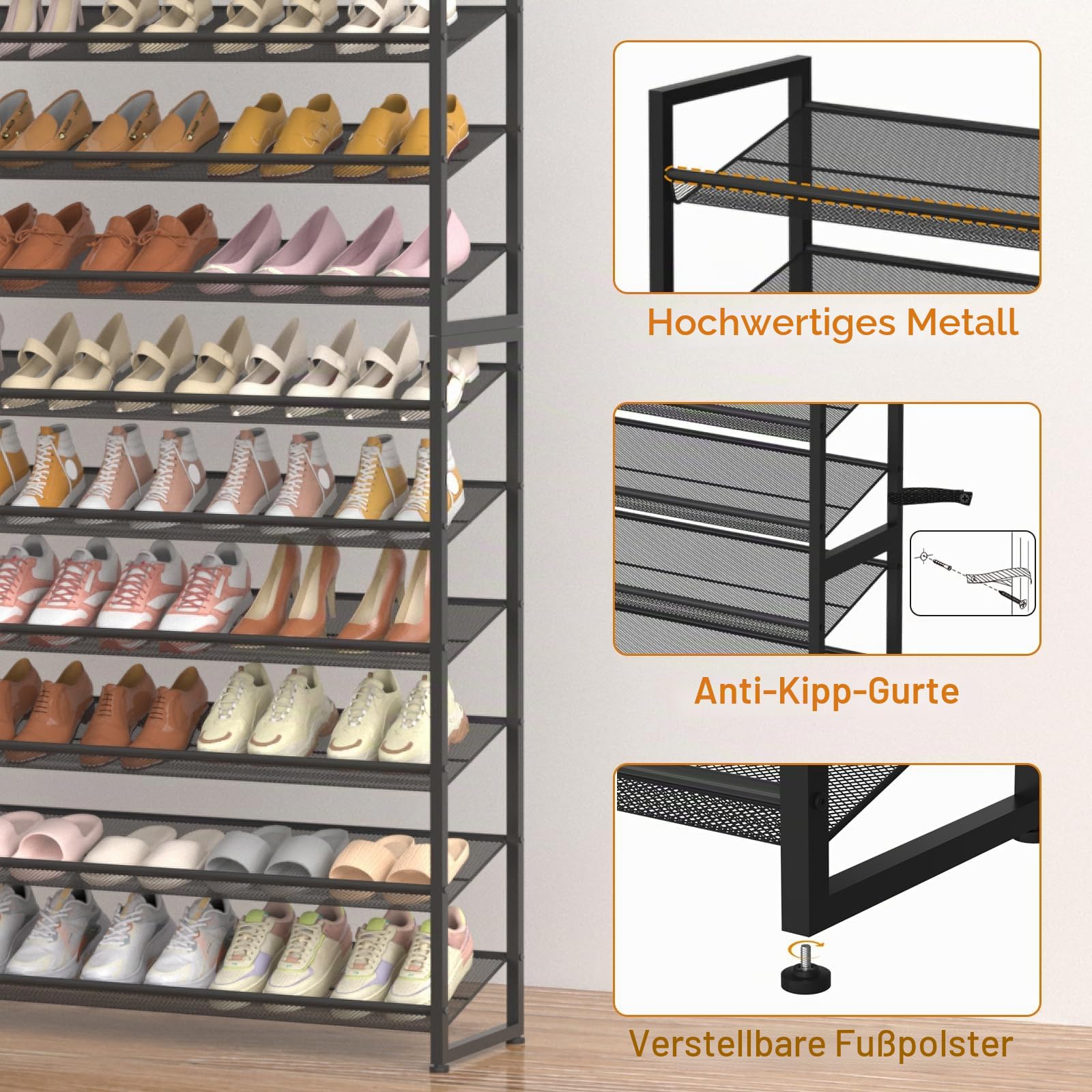 12-stufiger Schuhorganizer, Schwerlast-Metall 6-stufig stapelbares Schuhaufbewahrungs-Vertikalregal für Kleiderschrank, Haustür, Eingang, bis zu 75 Paar, 44,8" B x 11,4" T x 85,1" H, Schwarz