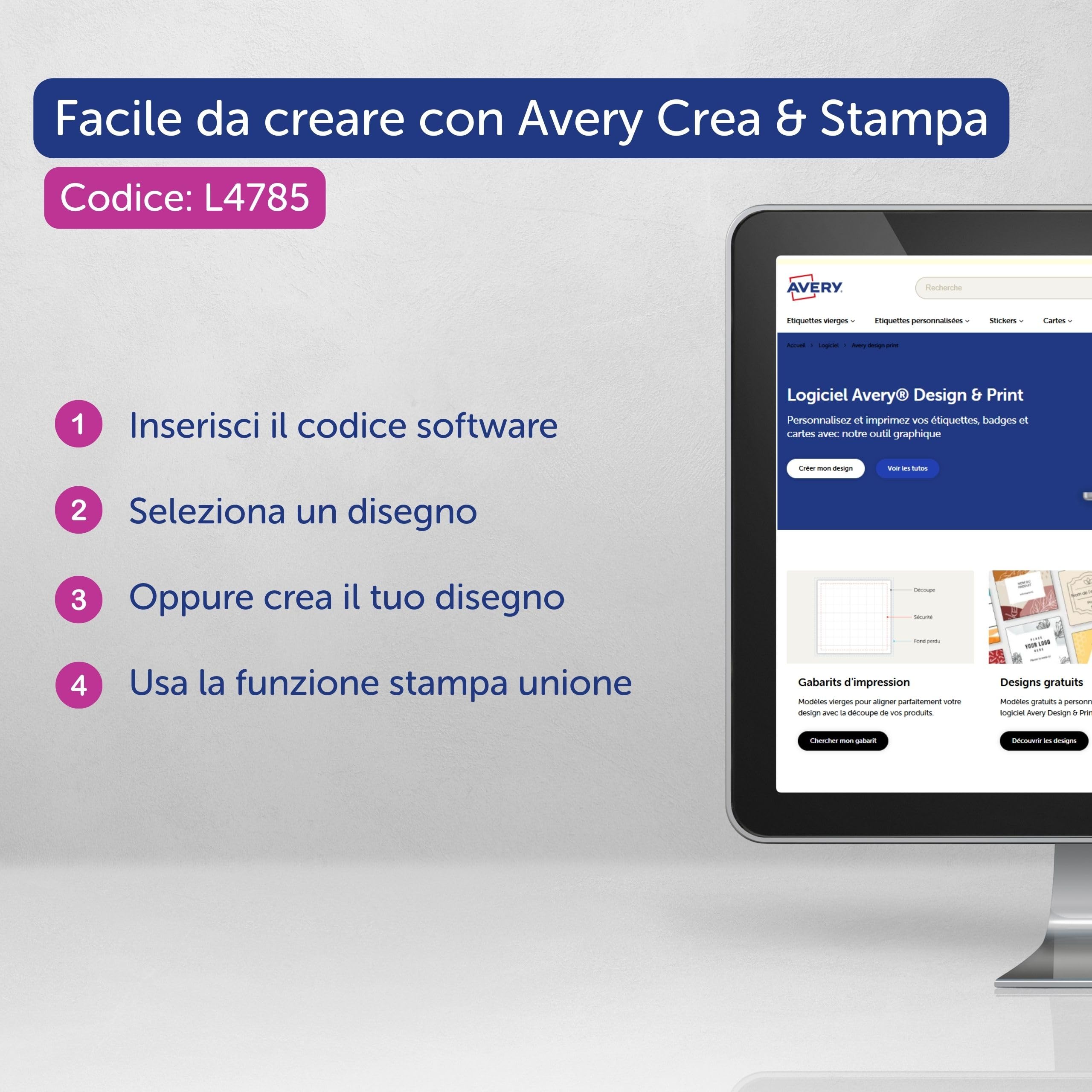 Avery Italia L4785-20 Badge Adesivi, Stampanti Laser, 20 Fogli, 80 x 50, Bianco