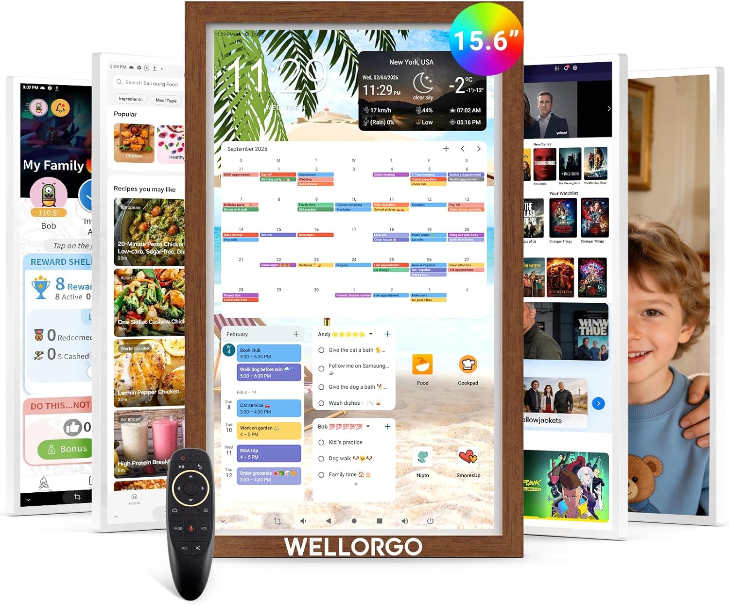 Digital Calendar Touch Screen 15.6", Electronic Calendar for Wall, Smart Calendar with Kids' Chores Chart/Meal Plan/Streaming Services, Digital Planner 2026 w/Picture Frame & Remote Control