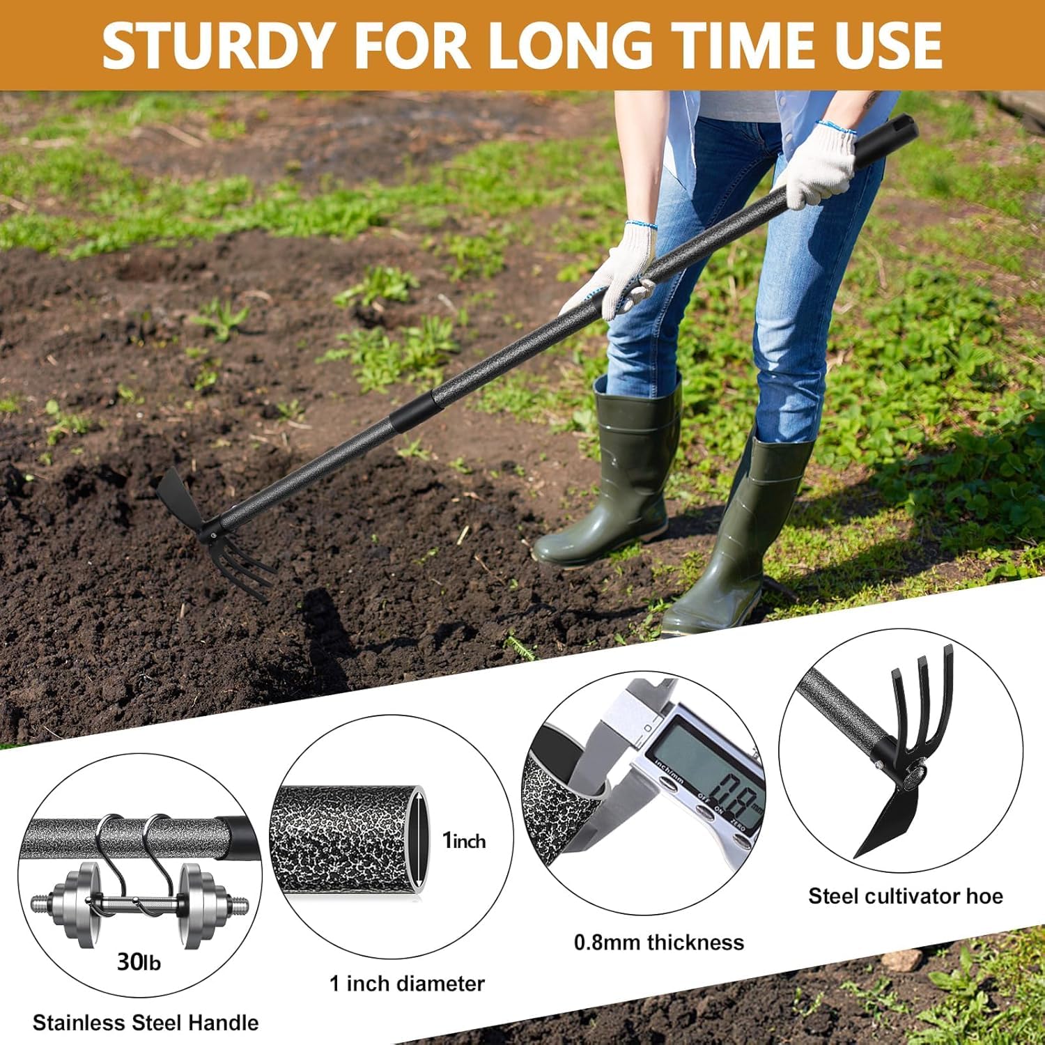 Zappa da giardino 76 cm 2 in 1 Binette Trident Strumento da giardino con manico lungo regolabile, multifunzionale zappa per giardinaggio, piantagione di erbacce allentamento del suolo