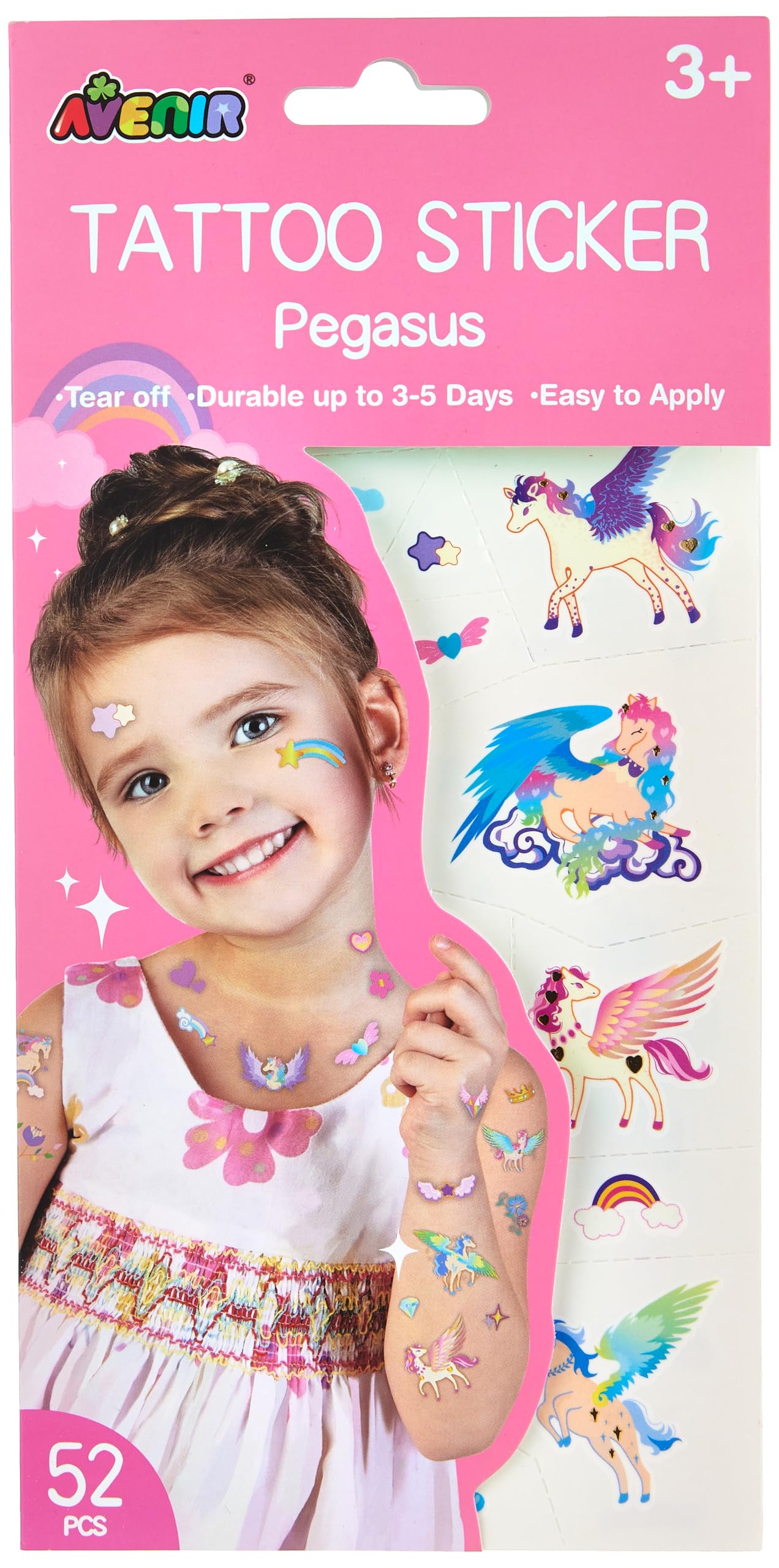 Avenir Tattoo Sticker - Pegasus Series | 52pc Set of Temporary Tattoos Water-Based Ink - Safe and Easy to Apply and Remove - Lasts 3-5 Days for Kids 3+