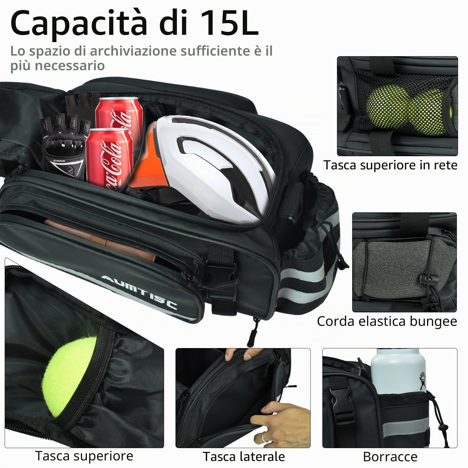 AUMTISC Borsa da bicicletta per portapacchi, 15 l impermeabile e riflettente con tracolla e portabottiglie con parapioggia