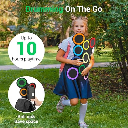 Miniatura 5 de Juego de batería eléctrica de 9 almohadillas con auriculares, almohadilla de batería enrollable más grande, juego MIDI USB, altavoz integrado,