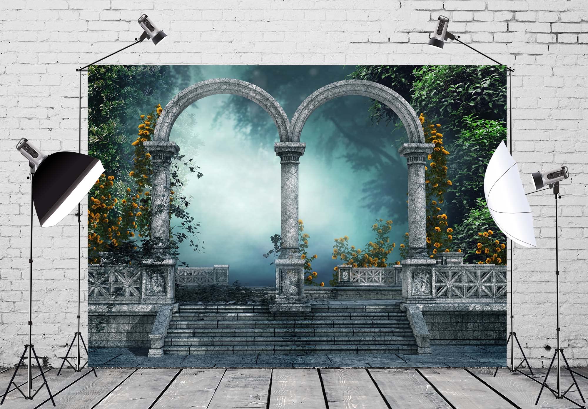 BELECO 7x5ft Fabric Vintage Palace Garden Backdrop Gothic Backdrop Castle Ruins Column Pillars Arch Stairs Foggy Forest Fantasy Background Mediaeval Party Decorations Girls Portrait Photo Props: 10x6.5FT A10167