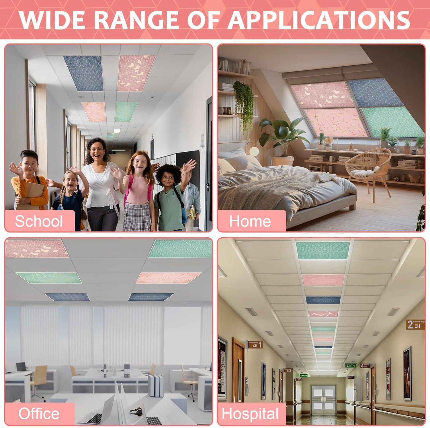 QOUBAI 8PCS Fluorescent Light Covers, 4x2 Feet Magnetic Light Cover Fluorescent Lights Shade Panel Positive Inspirational Ceiling Lights Filters for Office Classroom Home Drop Ceiling Geometric