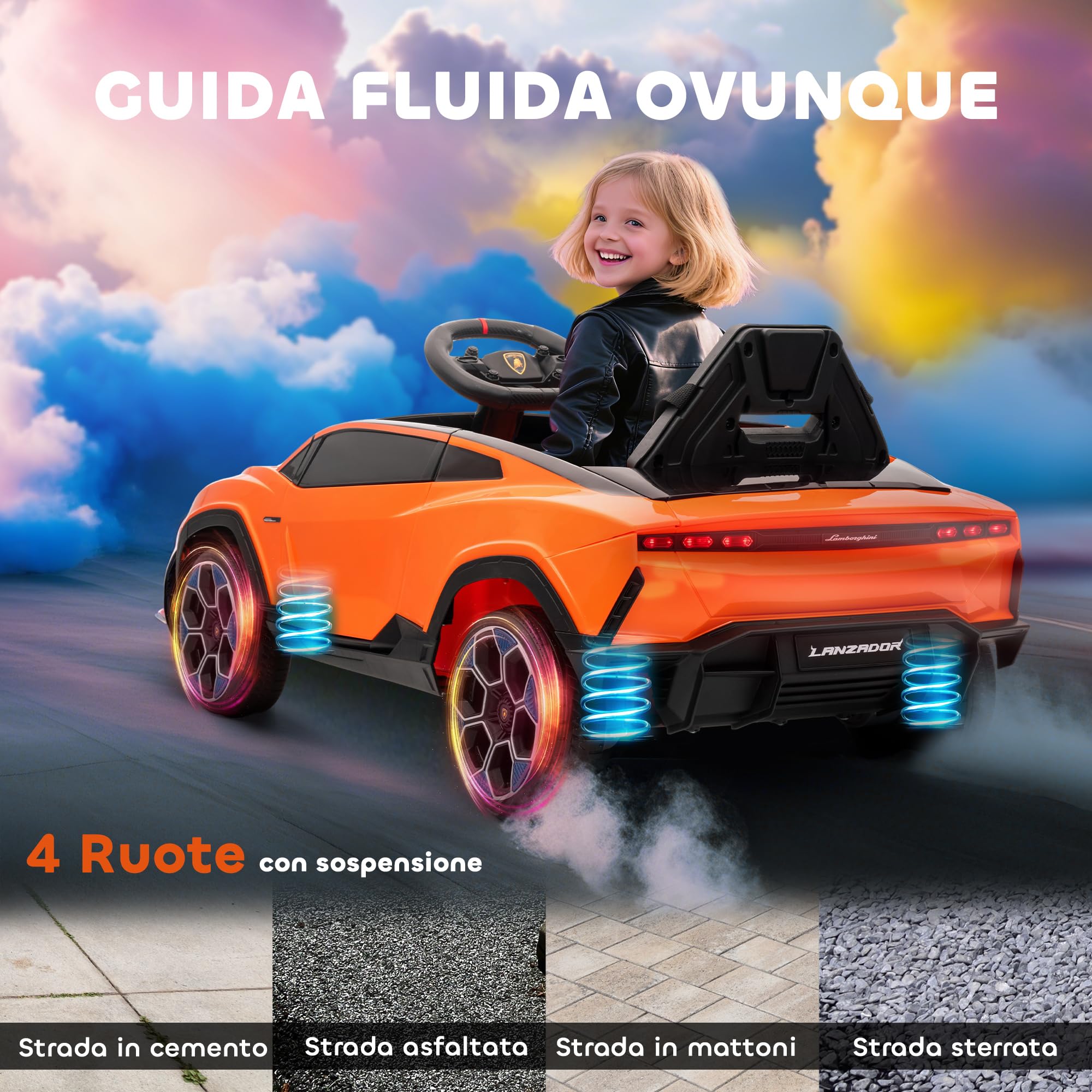 AIYAPLAY Macchina Elettrica per Bambini 3-8 Anni Lamborghini con Porte a Forbice, 12V Auto Elettrica per Bambini con 2 Motori, Sospensioni, Telecomando, MP3, Musica, Rotelle e Maniglia, Arancione