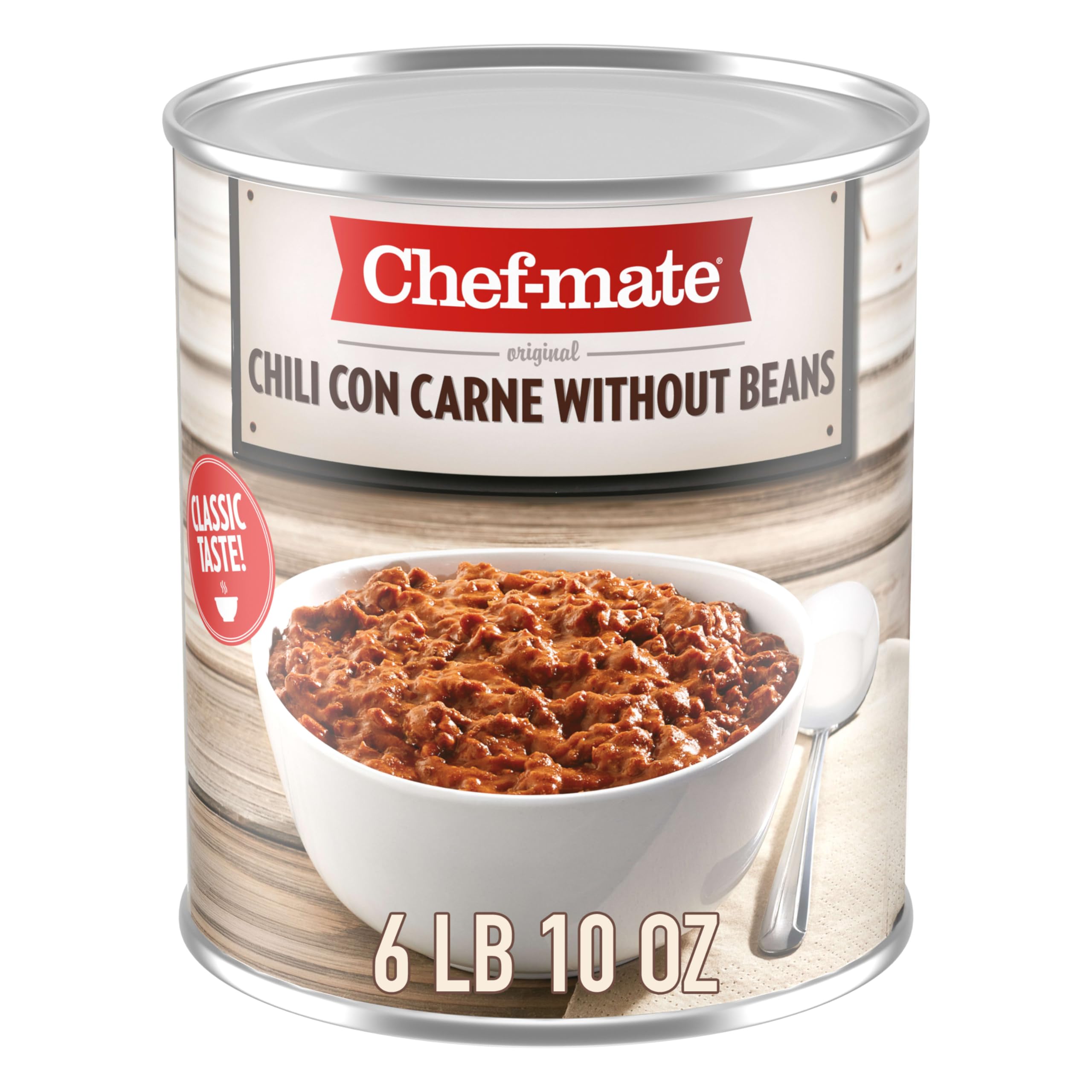 Chef-mate Beef Chili, Canned Chili with Meat, No Beans, 6 lb 10 oz (#10 Can Bulk)