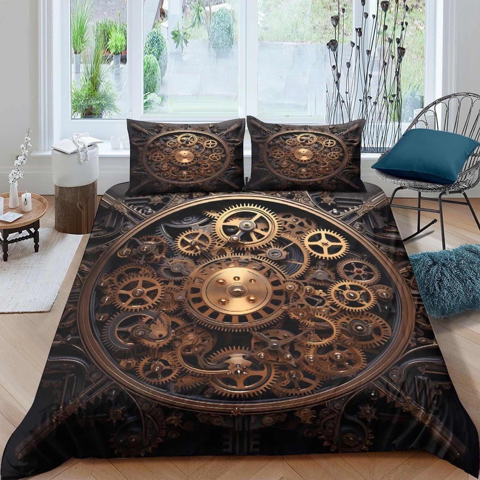 Ctjqhvkz Style-2 3D Printed Steampunk Gear Fitted Sheet Microfiber Soft Brown Vintage Clockwork Mattress Cover Bedroom Decoration Single（135X200cm）