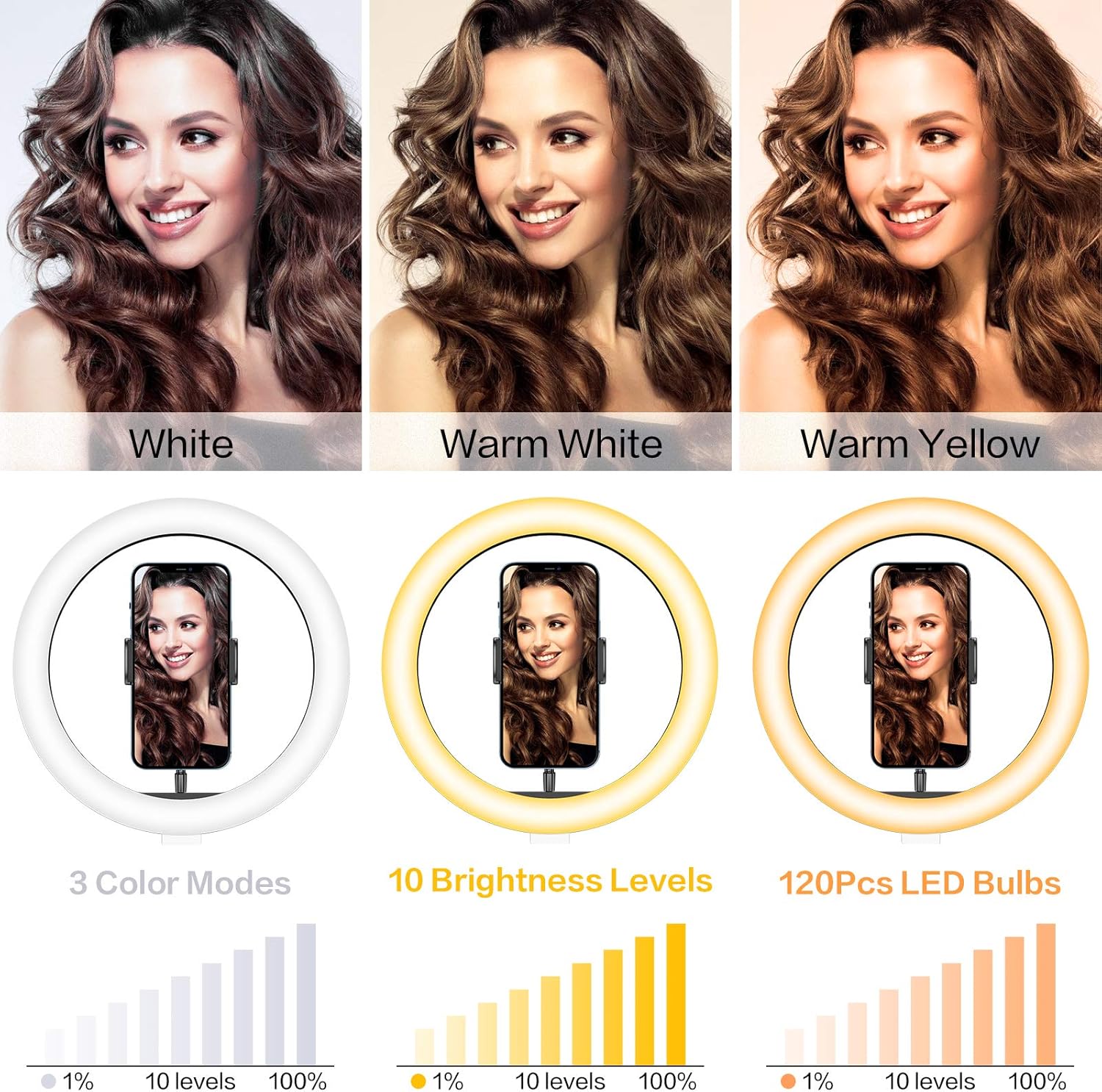 10" selfie ring light with tripod stand & phone holder, gpeestrac desk beauty circle led ringlight for makeup photography live streaming camera vlog youtube video, compatible with iphone & android